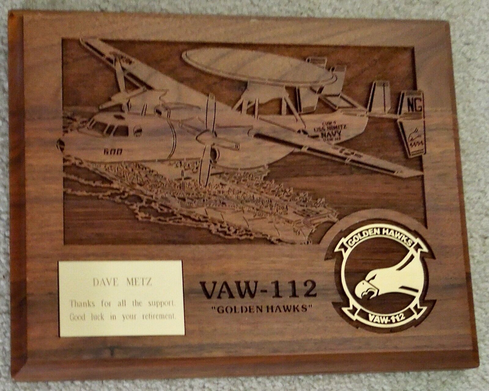 Vintage US Navy VAW-112 Golden Hawks Squadron Brass on Laser-Etched Wood Plaque