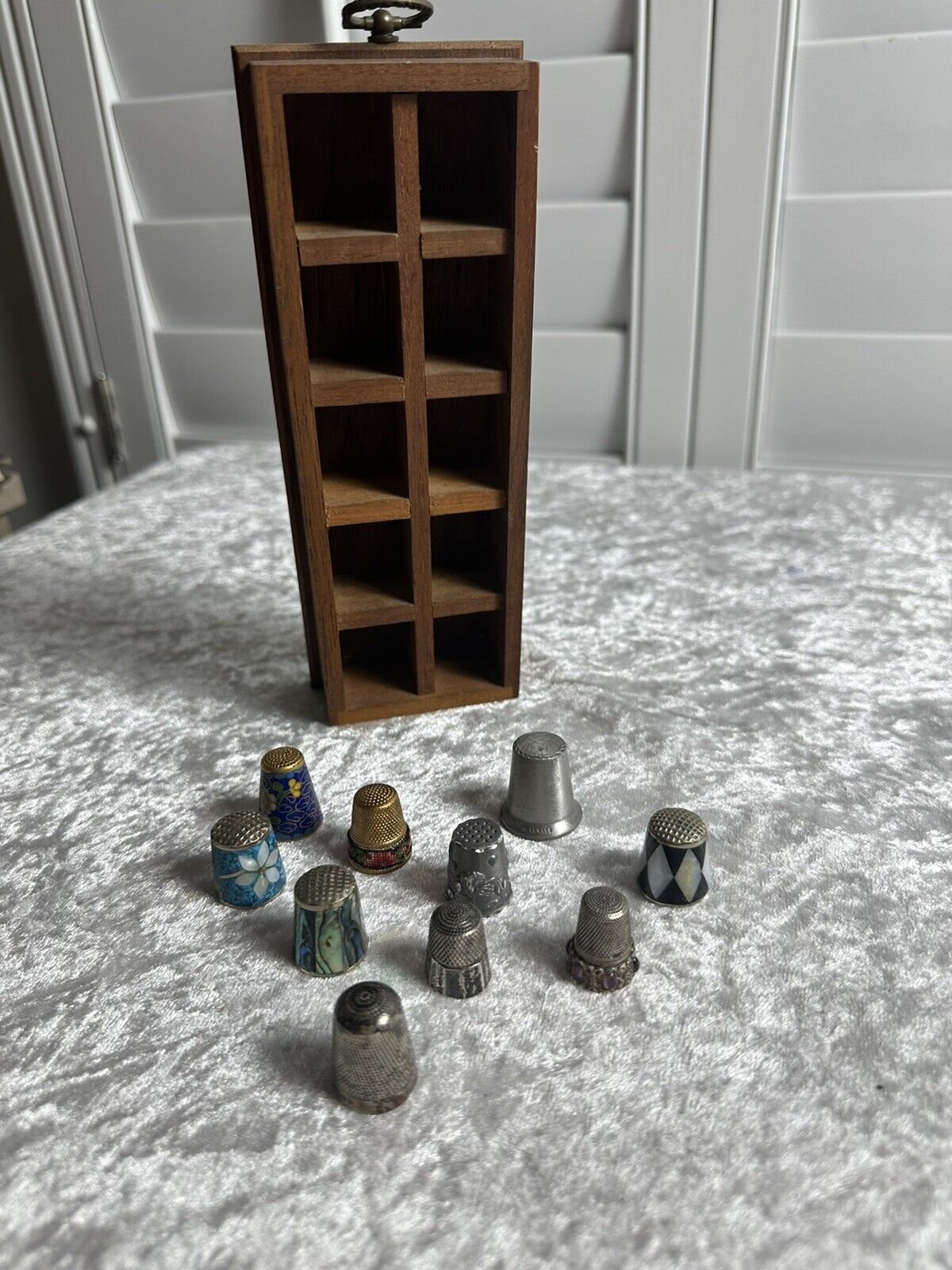 Lot Of Sewing Thimbles With Wood Display, Some Sterling Silver 