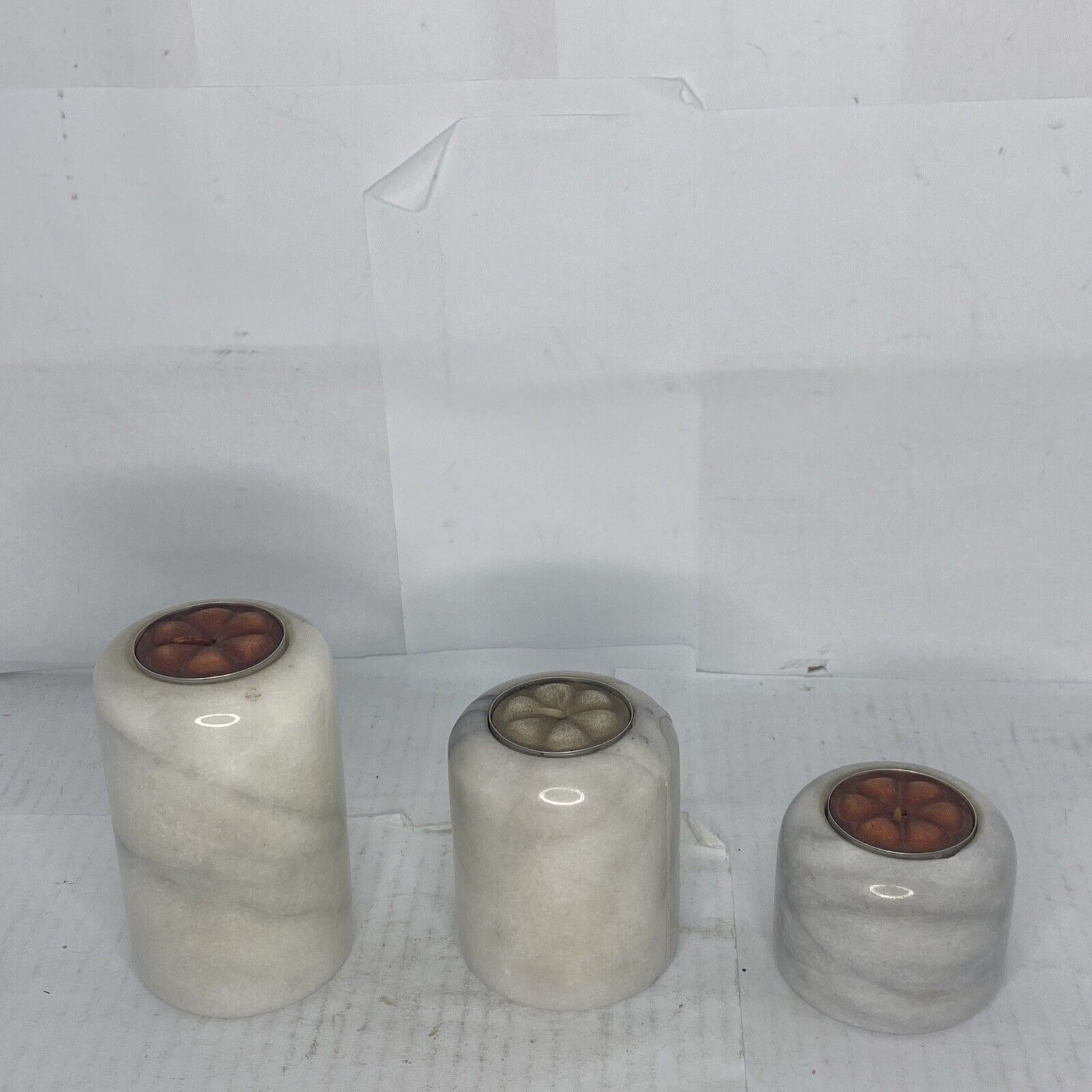 Lot Of 3 Vintage Cylinder Marble Candle Holders Set Beige Swirl Stone