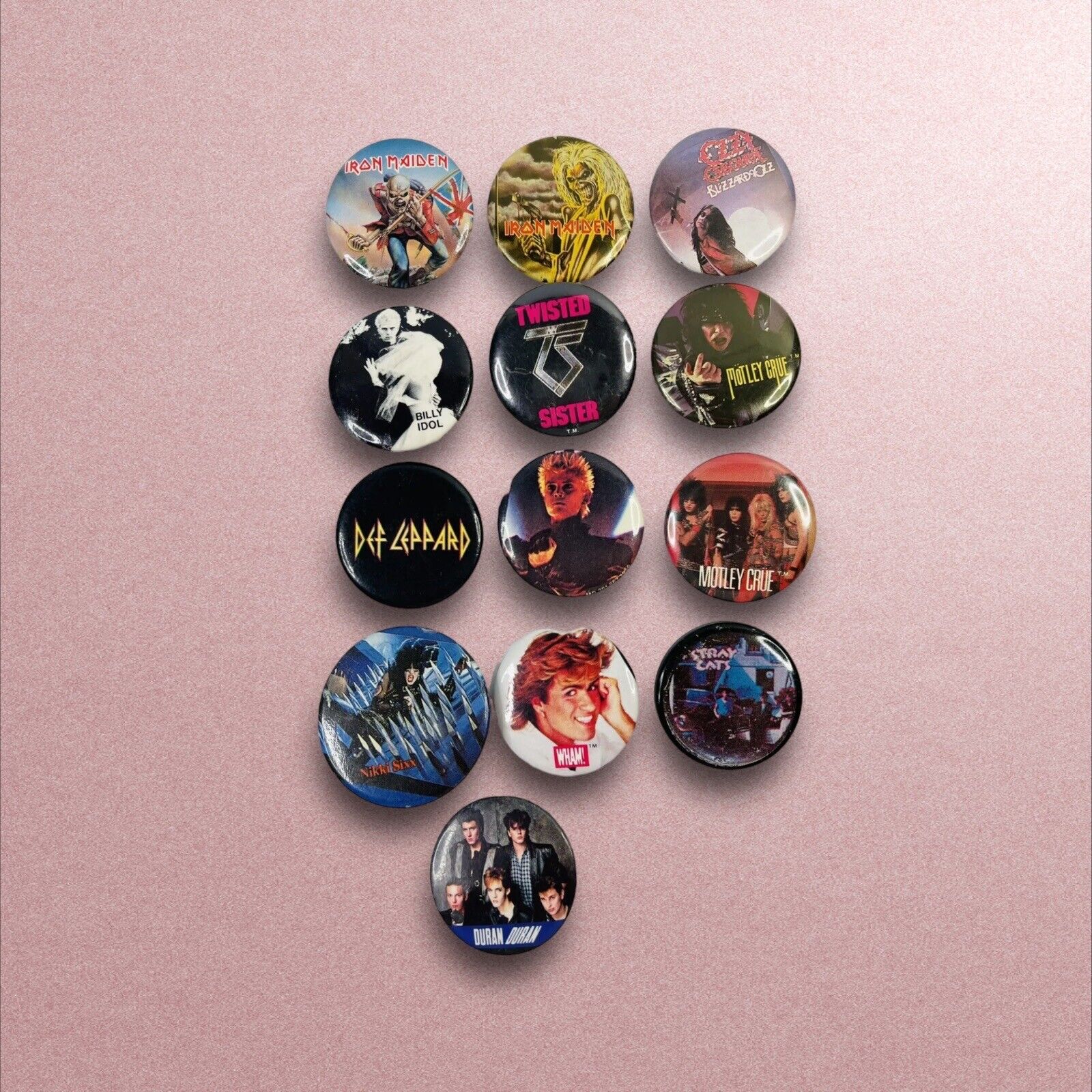 Lot Of 13 Vintage 1980’s Rock Button Badges - Iron Maiden, Ozzy, Motley Crue Etc