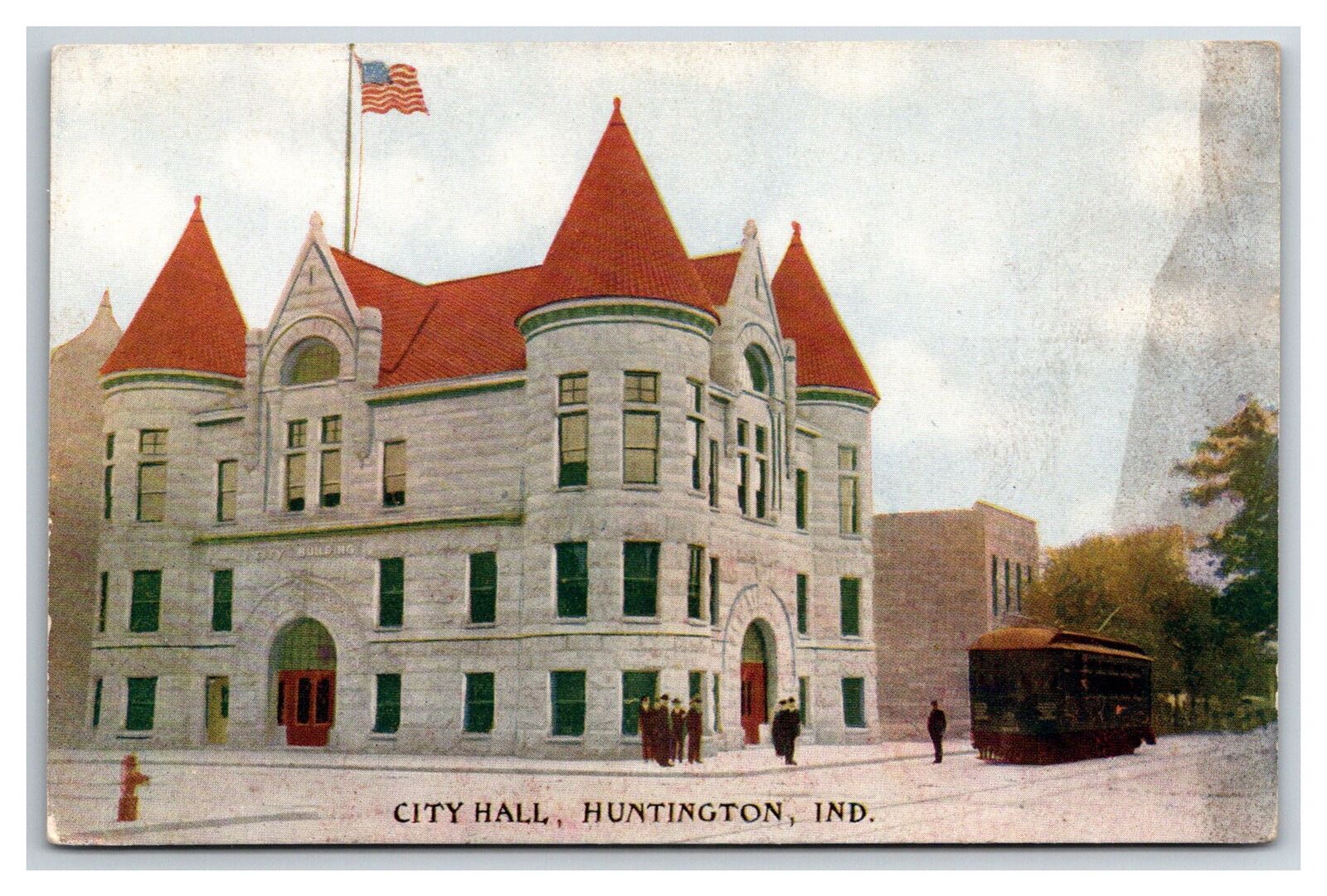 1910\'s Postcard City Hall in Huntington Indiana Never Mailed Streetcar Color