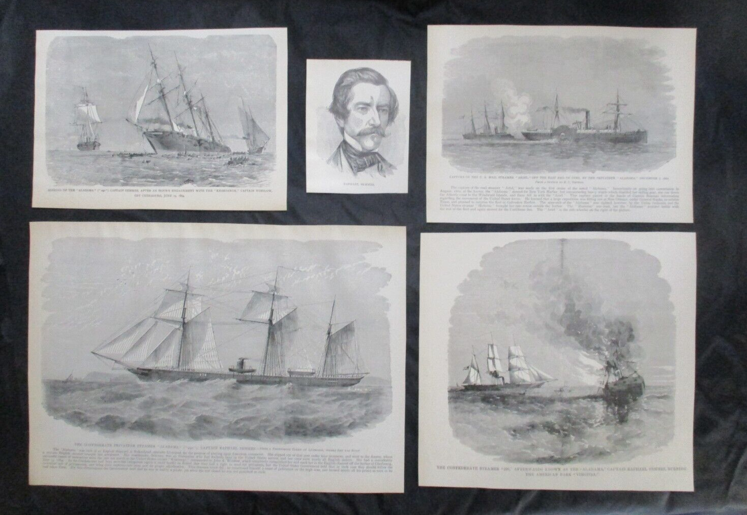 5 1885 Civil War Prints - Confederate Warship CSS Alabama & Captain Semmes