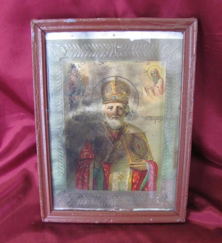 19C ANTIQUE IMPERIAL RUSSIA CHRISTIAN ICON LITHOGRAPHY OF ST. NIKOLAI CHUDOTVORE