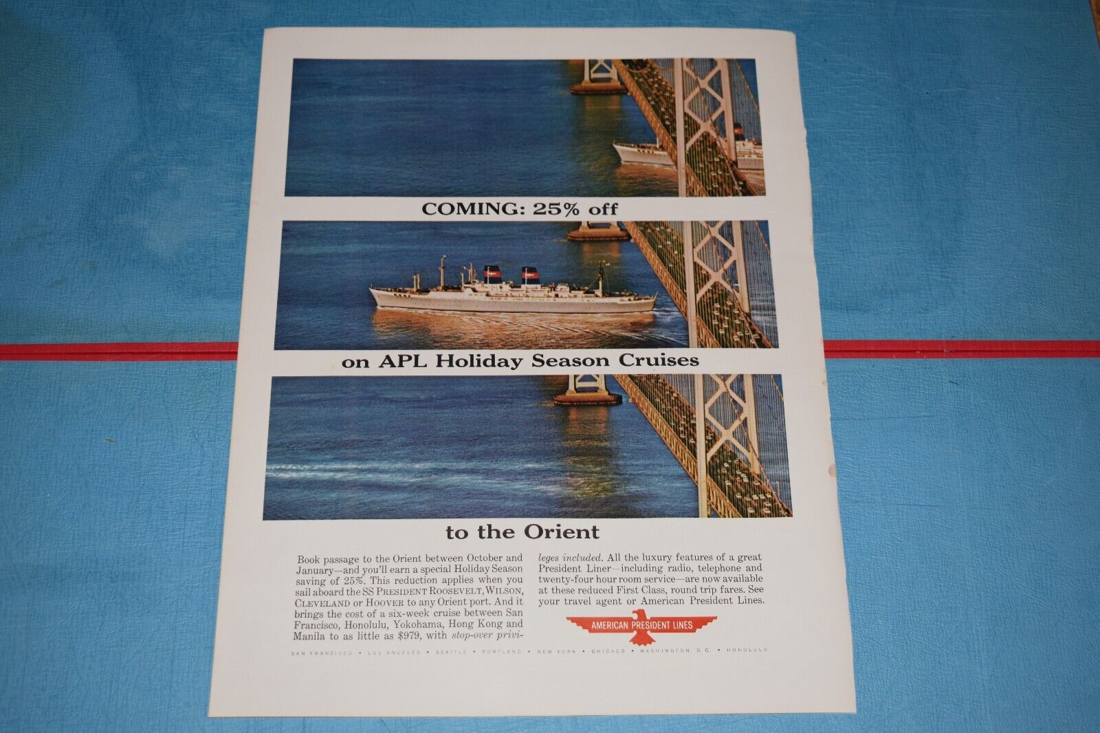 Vintage 1963 APL American President Lines Holiday Season Cruise to the Orient Ad