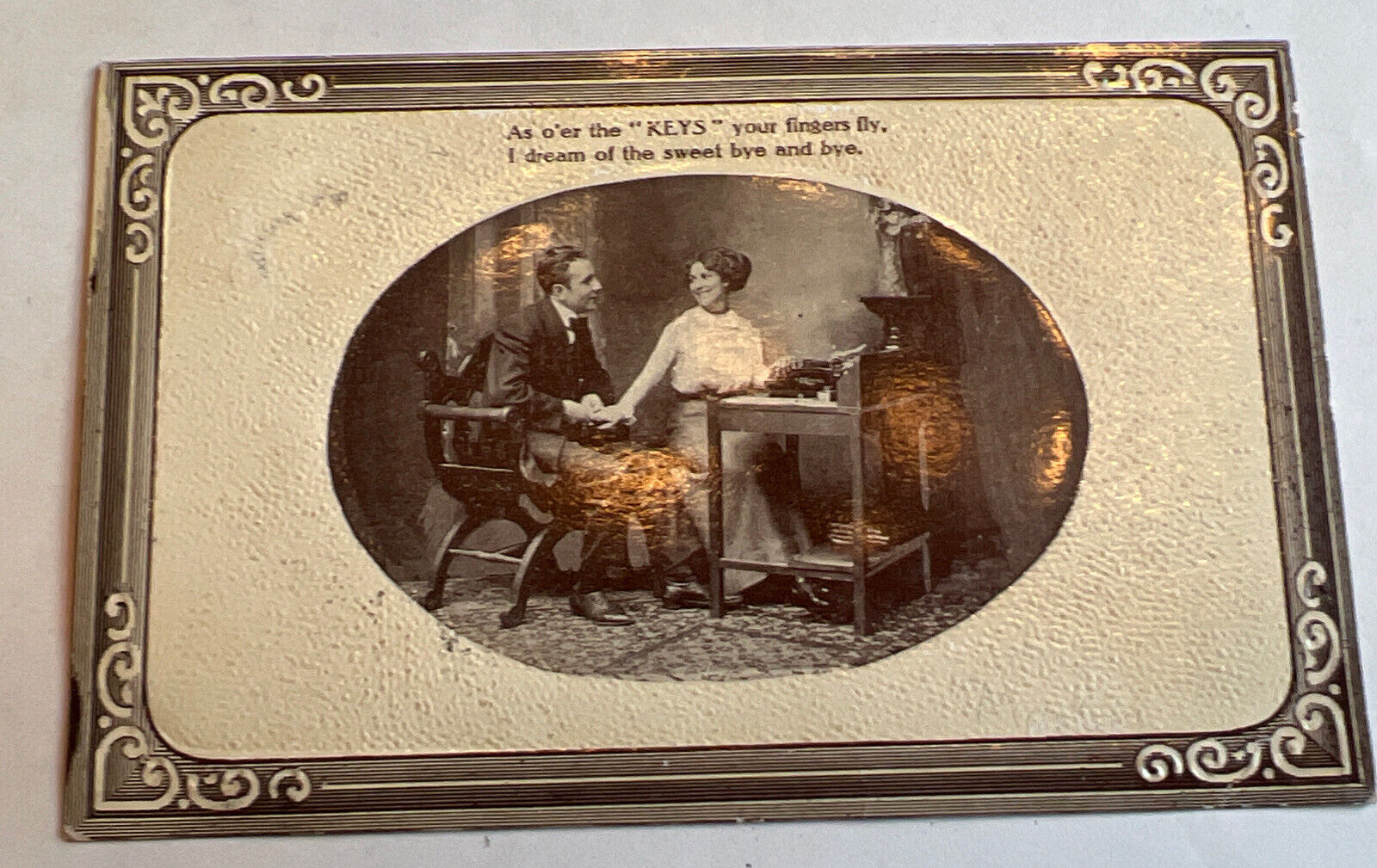 1912 Keyboard Series Postcard Courting Couple Lady Typing Keys