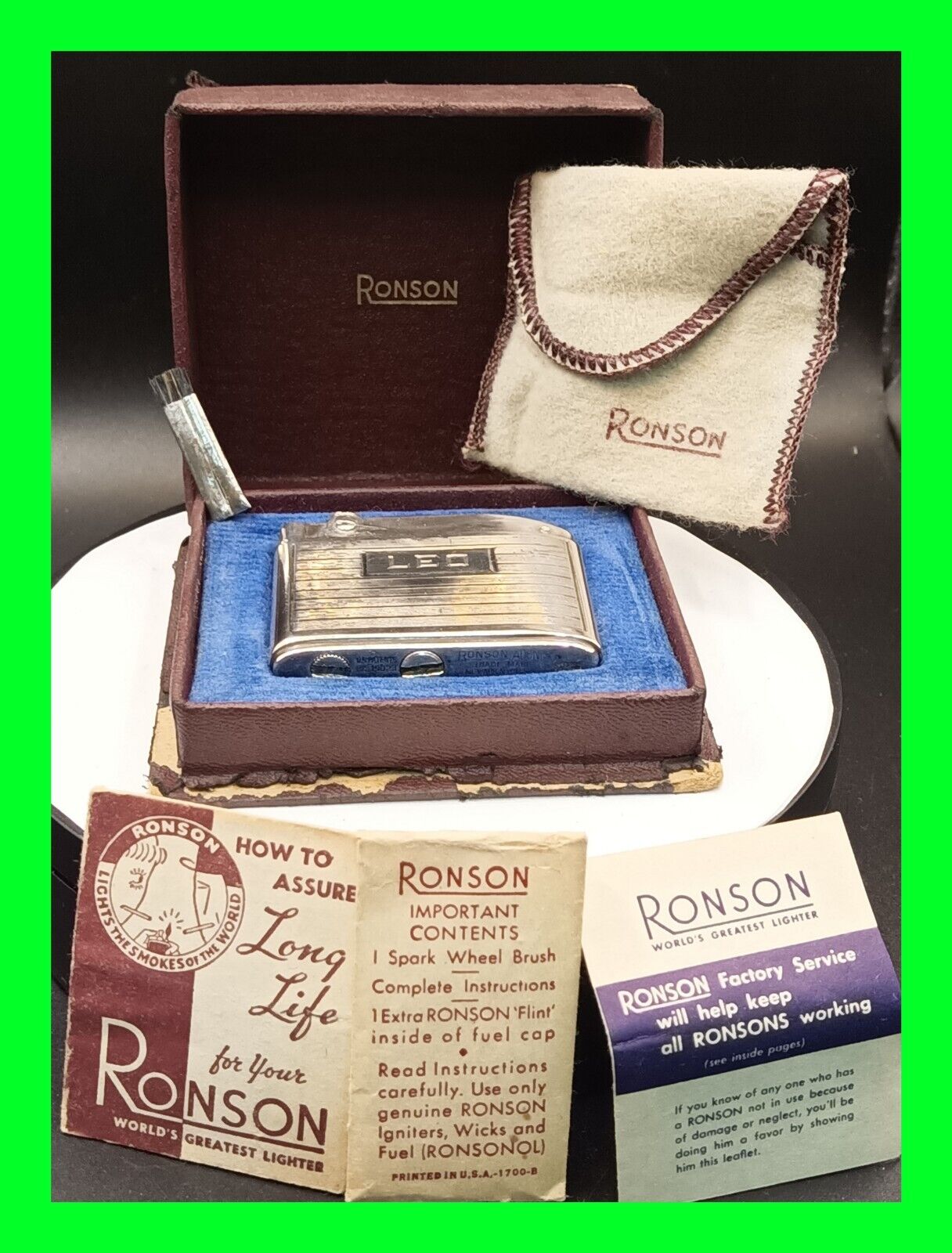 Vintage Sterling Art Deco Ronson Adonis Petrol Lighter w/ Box & Paperwork Workin