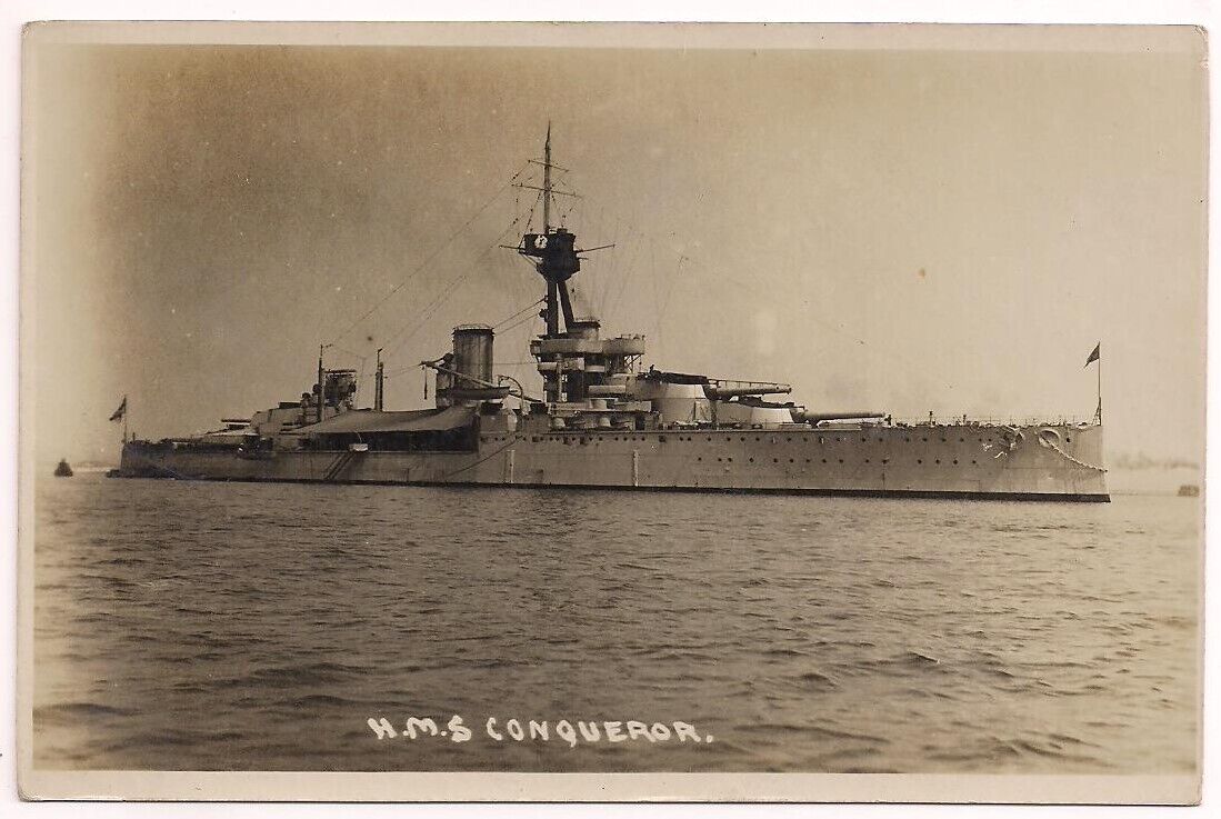 H.M.S. CONQUEROR Postcard ROYAL NAVY HMS BATTLESHIP Orion-class WWI Ship, RPPC
