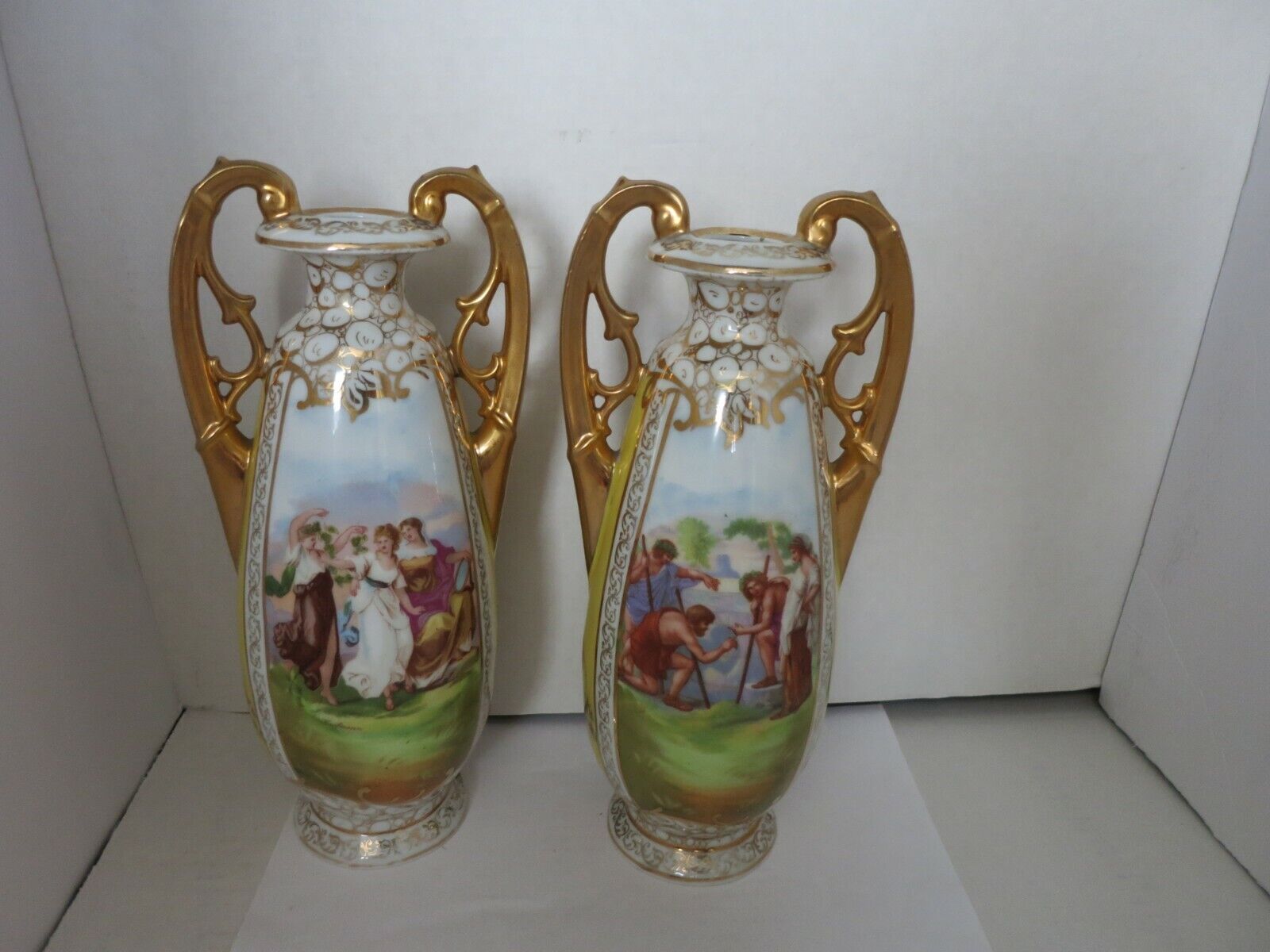 Set 2 Rare Antique Angelica Kaufmann Signed AUSTRIA Porcelain Vase 