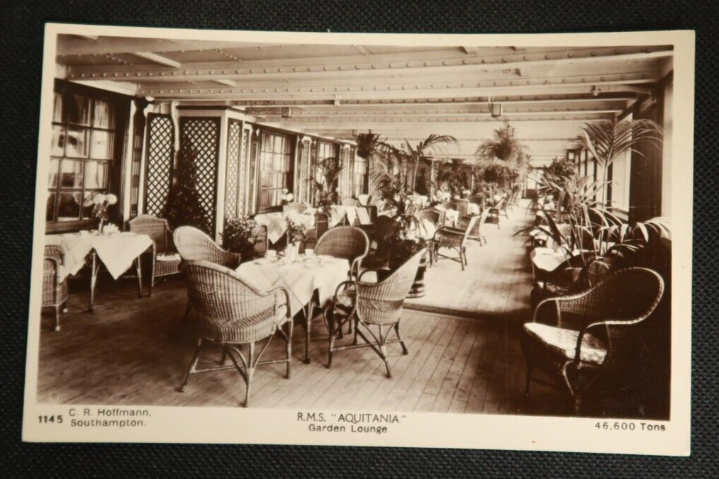 RMS Aquitania Garden Lounge CR Hoffman Postcard Steamship RPPC Ocean Liner
