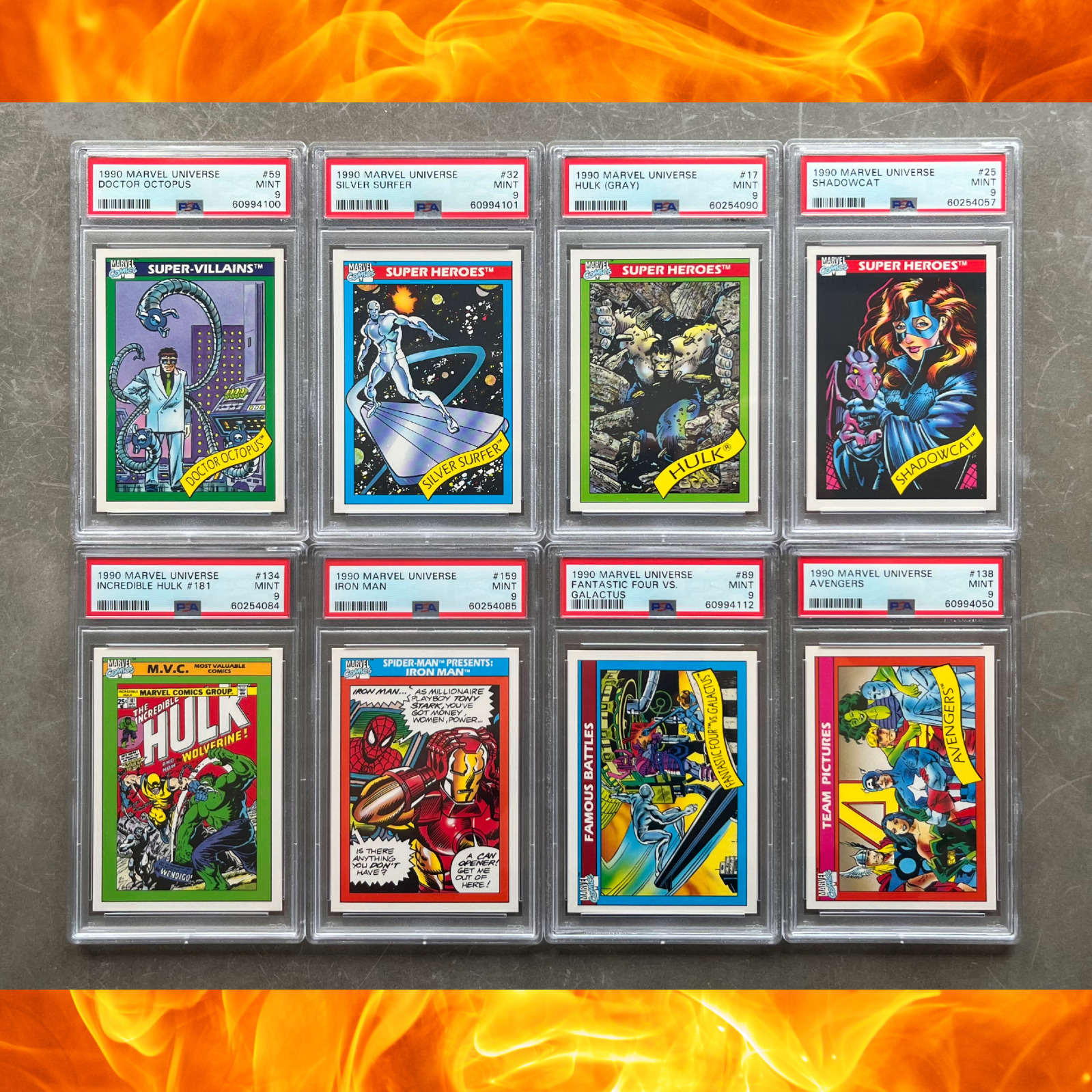 🔥 1990 Impel Marvel Universe 8 CARD LOT all PSA 9 - Hulk, Avengers 🔥