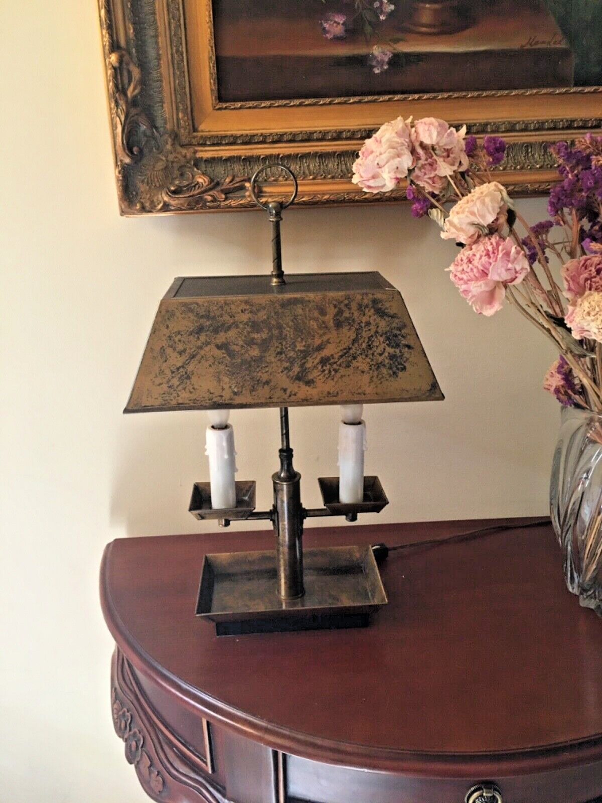 Vintage French Bouillotte Brass Lamp with Brass Shade