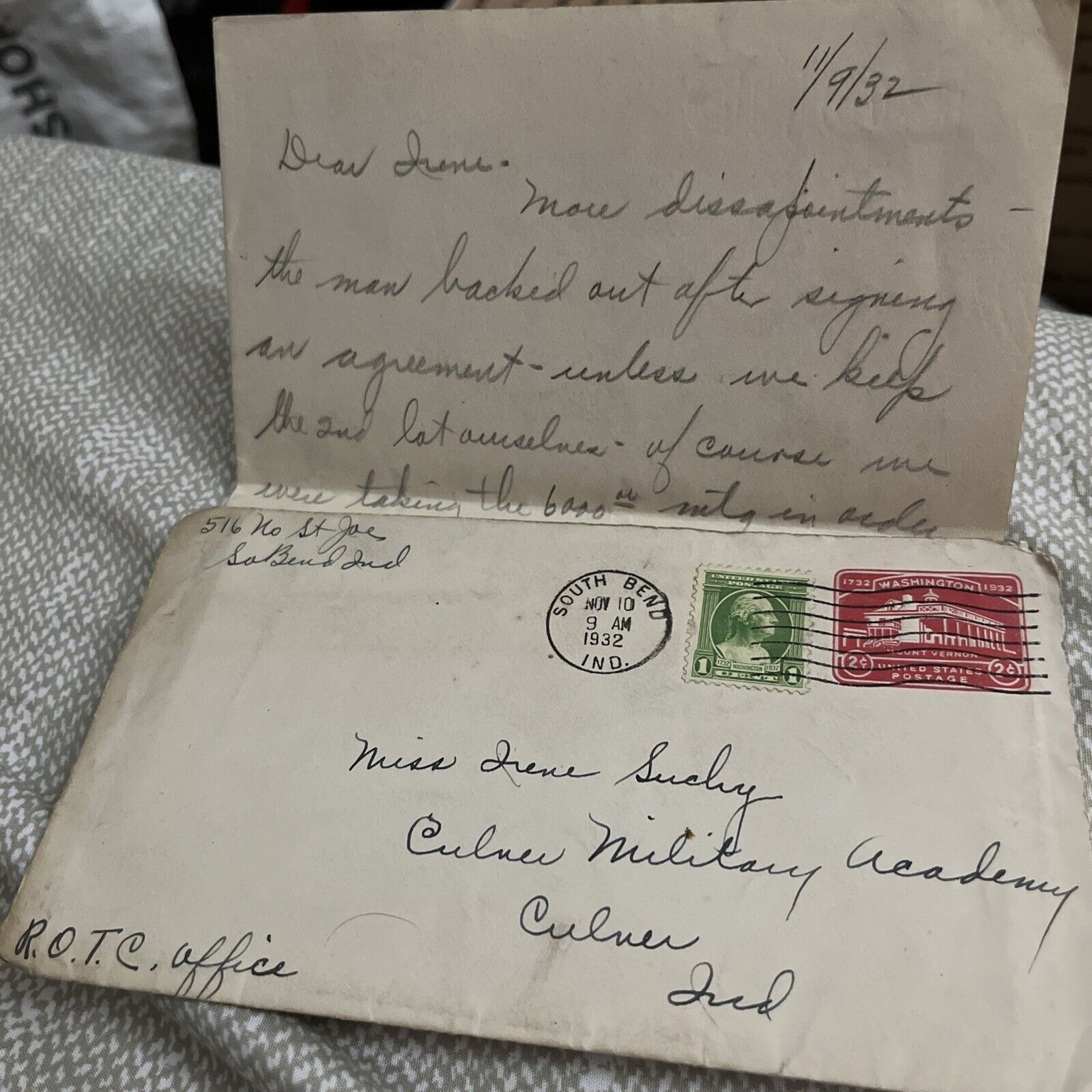 1932 Great Depression Letter to ROTC Office:  Real Estate Business Troubles