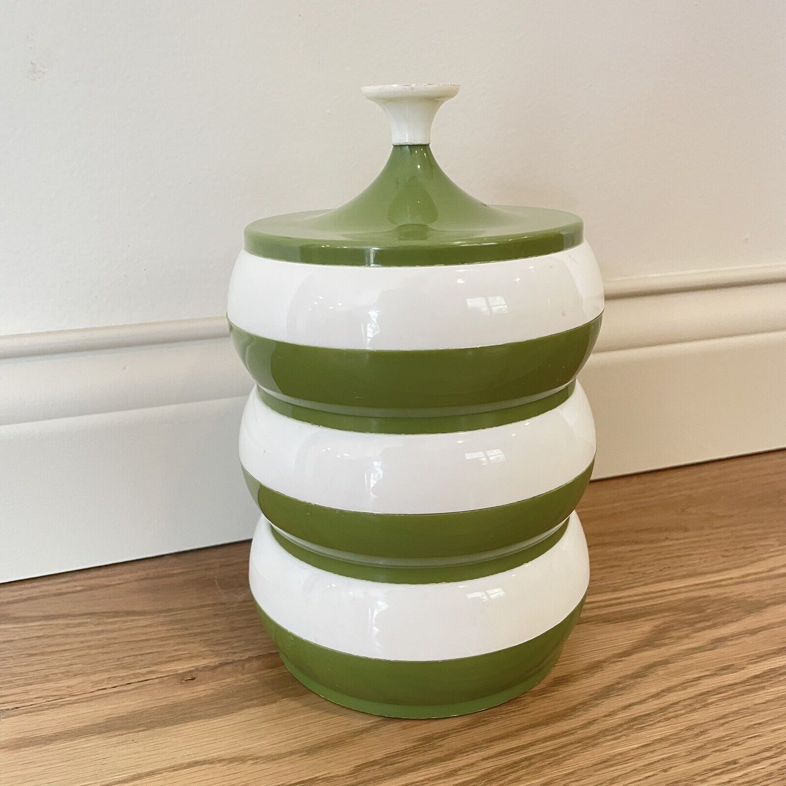 Vintage Triple Stacked Plastic Avocado Green Canister Mid Century Modern Round 
