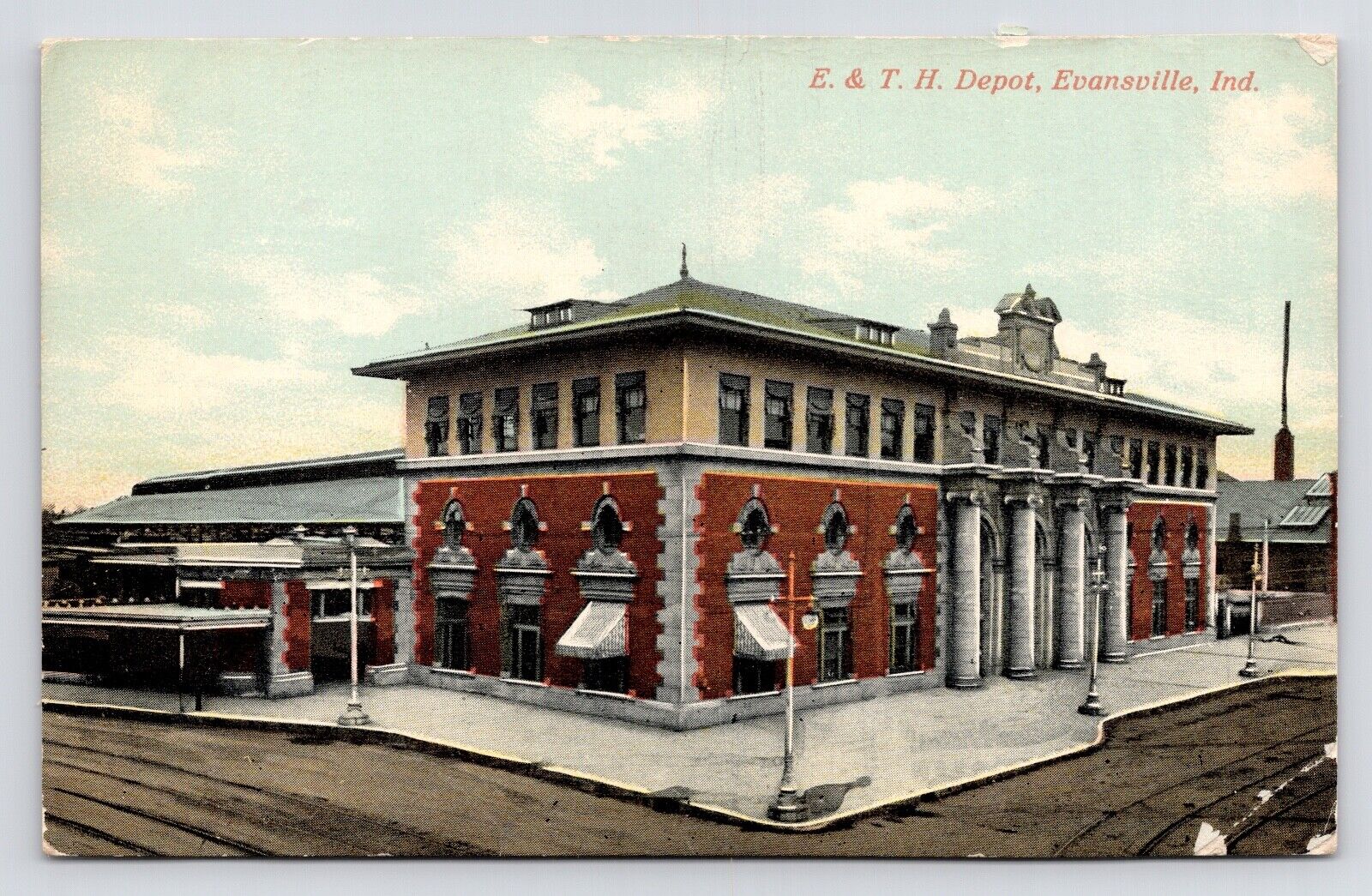 c1907~Evansville Indiana IN~E&TH Railroad Depot~Terre Haute~Train~RR Postcard