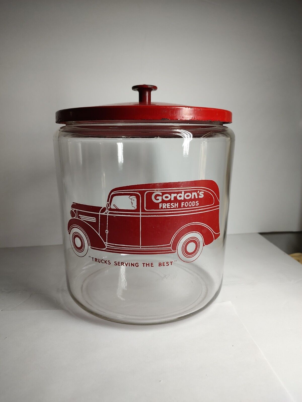 Vintage 1940's GORDON'S FRESH FOODS advertising countertop snack glass jar & lid