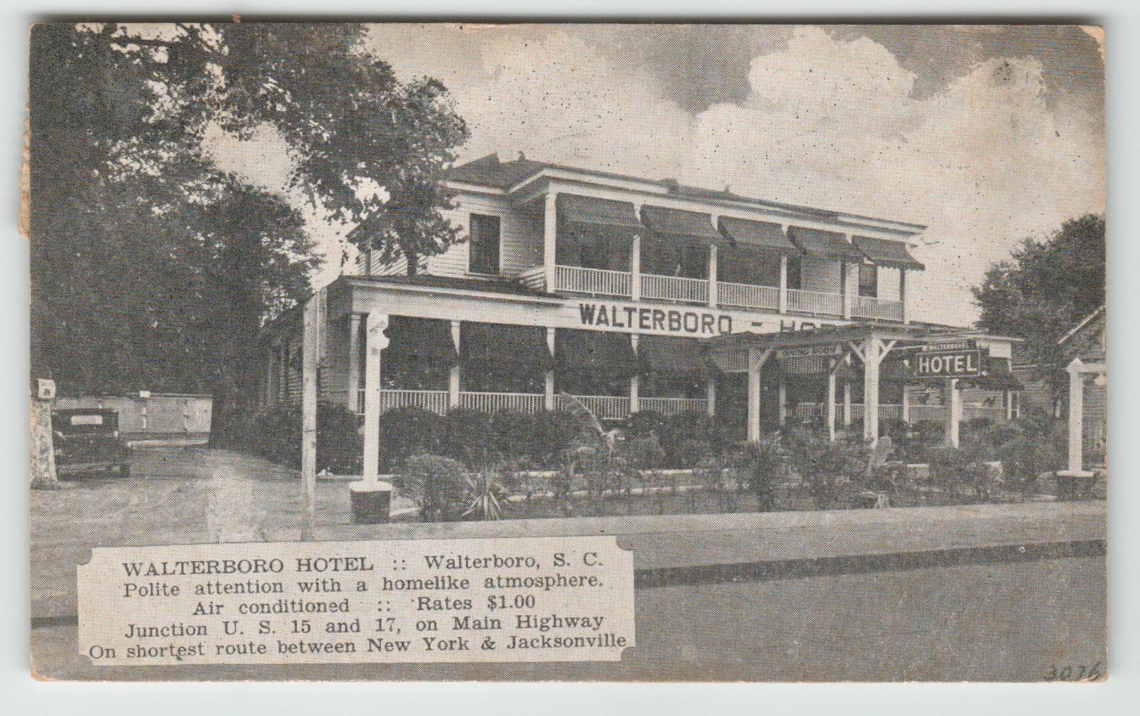 Postcard Vintage 1937 Walterboro Hotel in Walterboro, SC