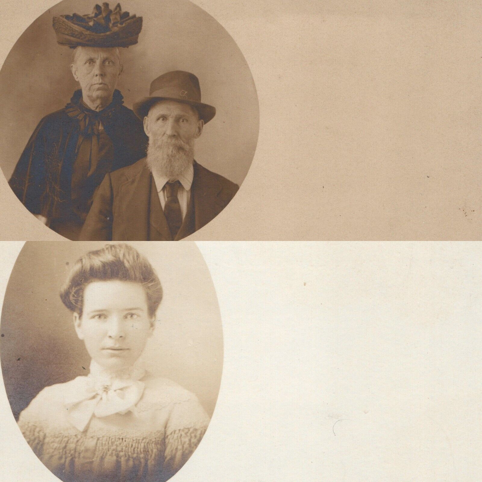 x2 LOT c1900s UDB Portrait RPPC Old Couple Hat & Young Woman Real Photo PC A175