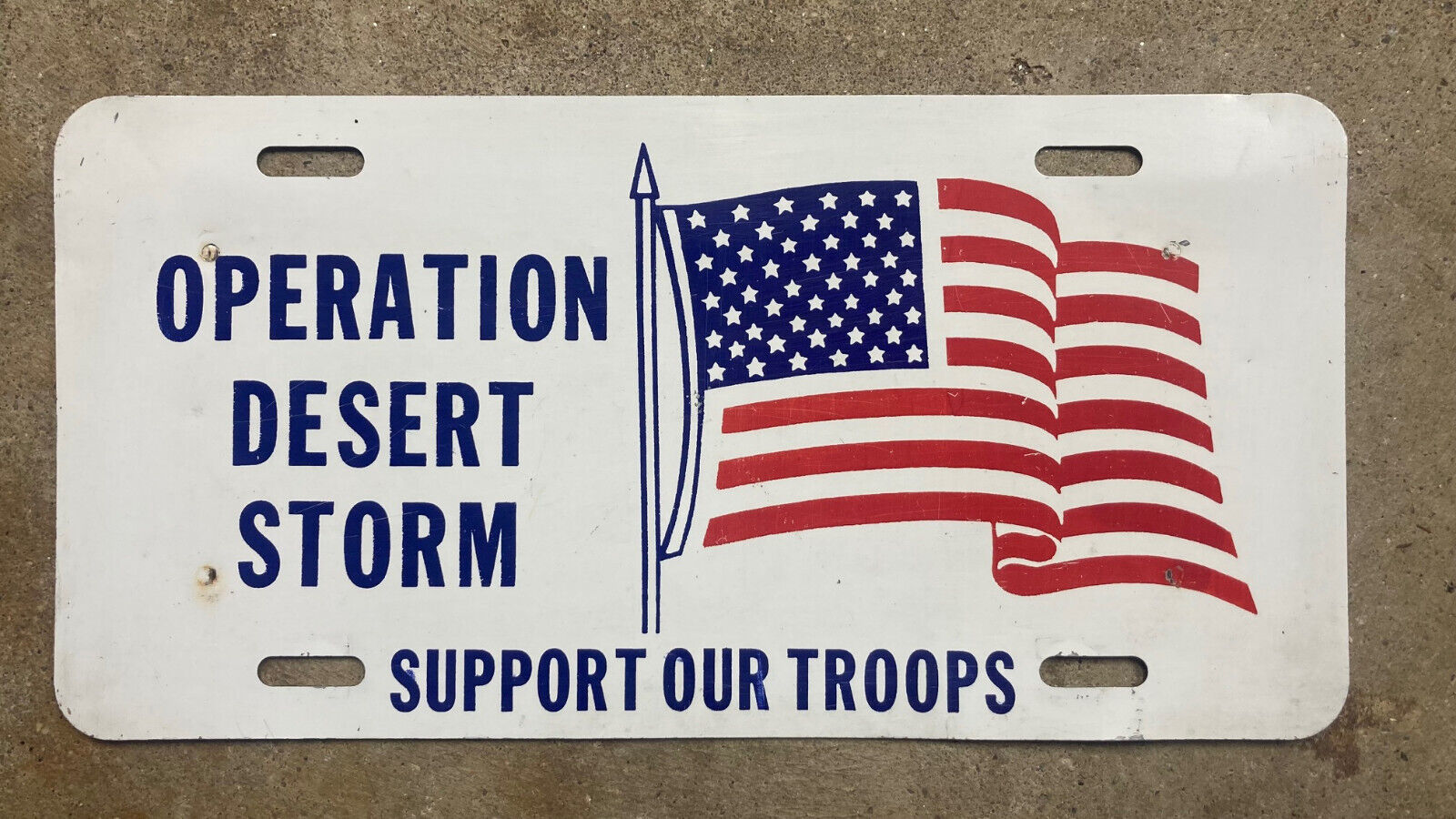 1991 Operation Desert Storm booster license plate USA flag support our troops