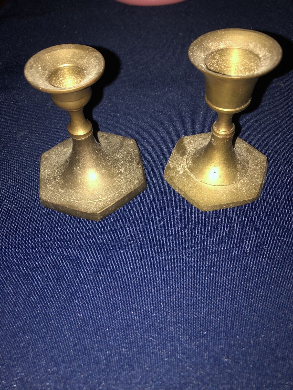 Lot 2 VINTAGE SOLID BRASS Mismatched SMALL CANDLESTICK Holders Unique 2.5\
