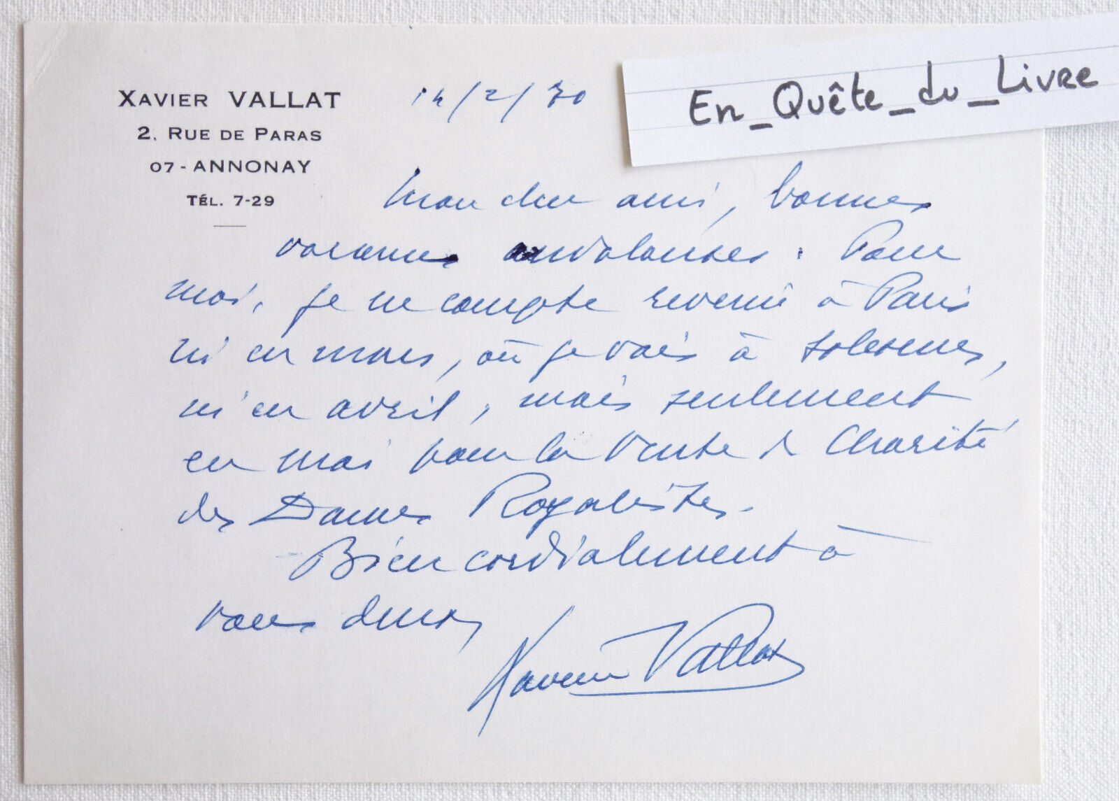 L.A.S Xavier Vallat (1891-1972) Signed Autograph Letter to Louis Guitard