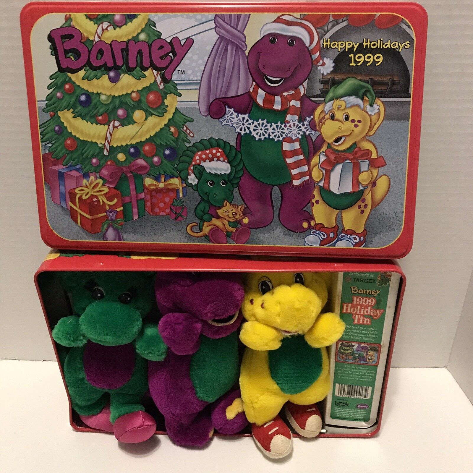 1999 Vintage Barney, Baby Bop & PJ Happy Holiday's Tin Target Exclusive RARE