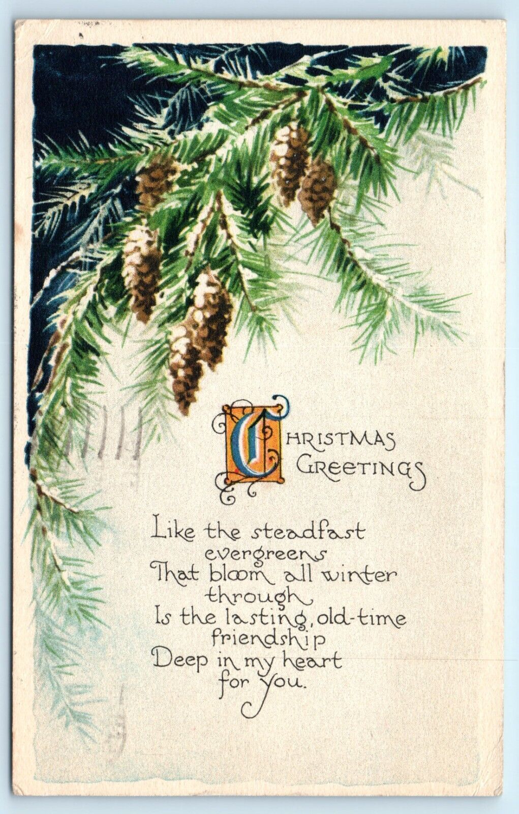 POSTCARD Christmas Greetings Pinecones Tree 1939