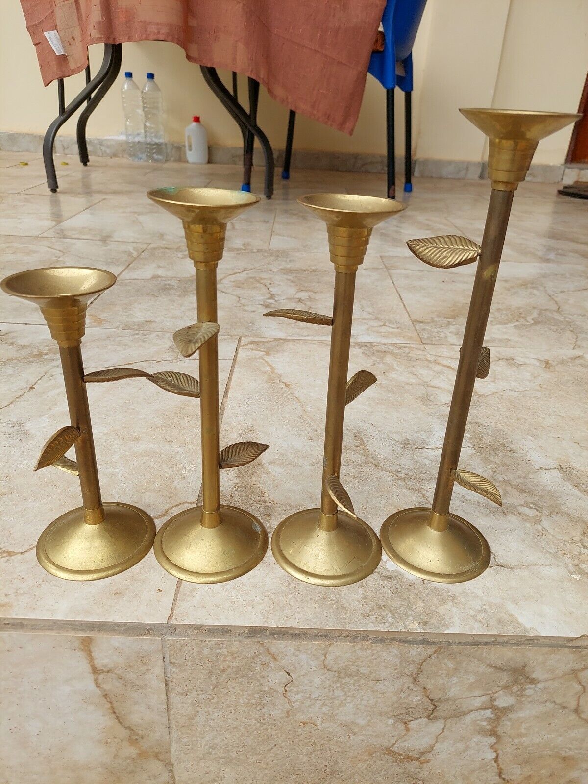 Antique set of 4  Solid Brass Candlesticks Aged Patina 