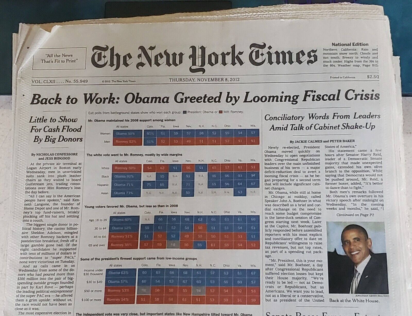 2012 NOVEMBER 8 NEW YORK TIMES NEWSPAPER - OBAMA GREETED BY LOOMING - No. 55,949