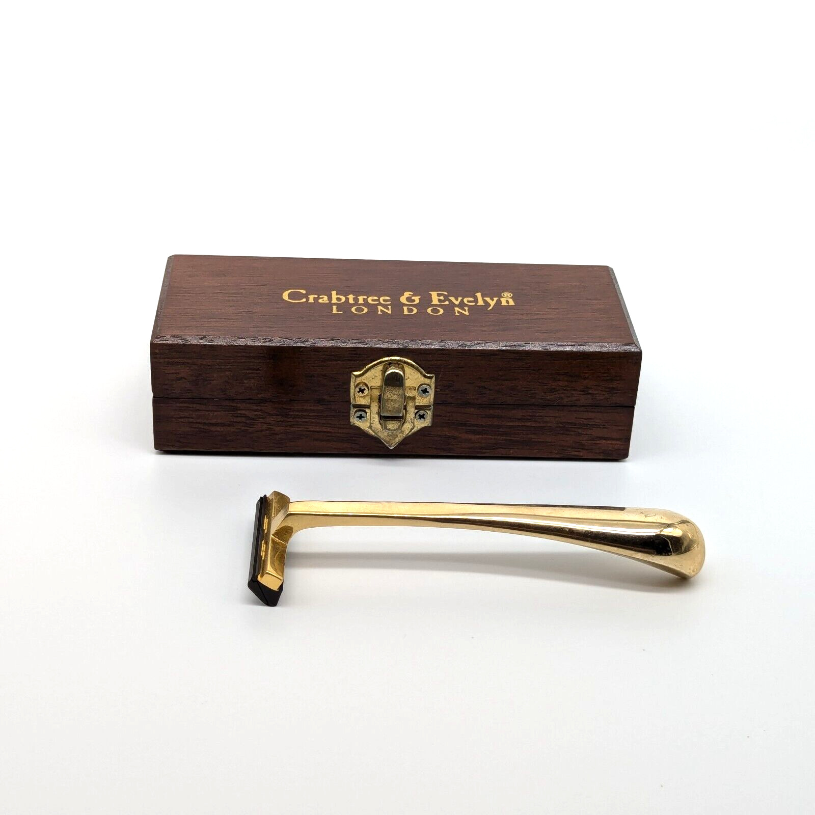 Crabtree & Evelyn London Gold Tone Metal Razor with Blade in Wooden Box VTG