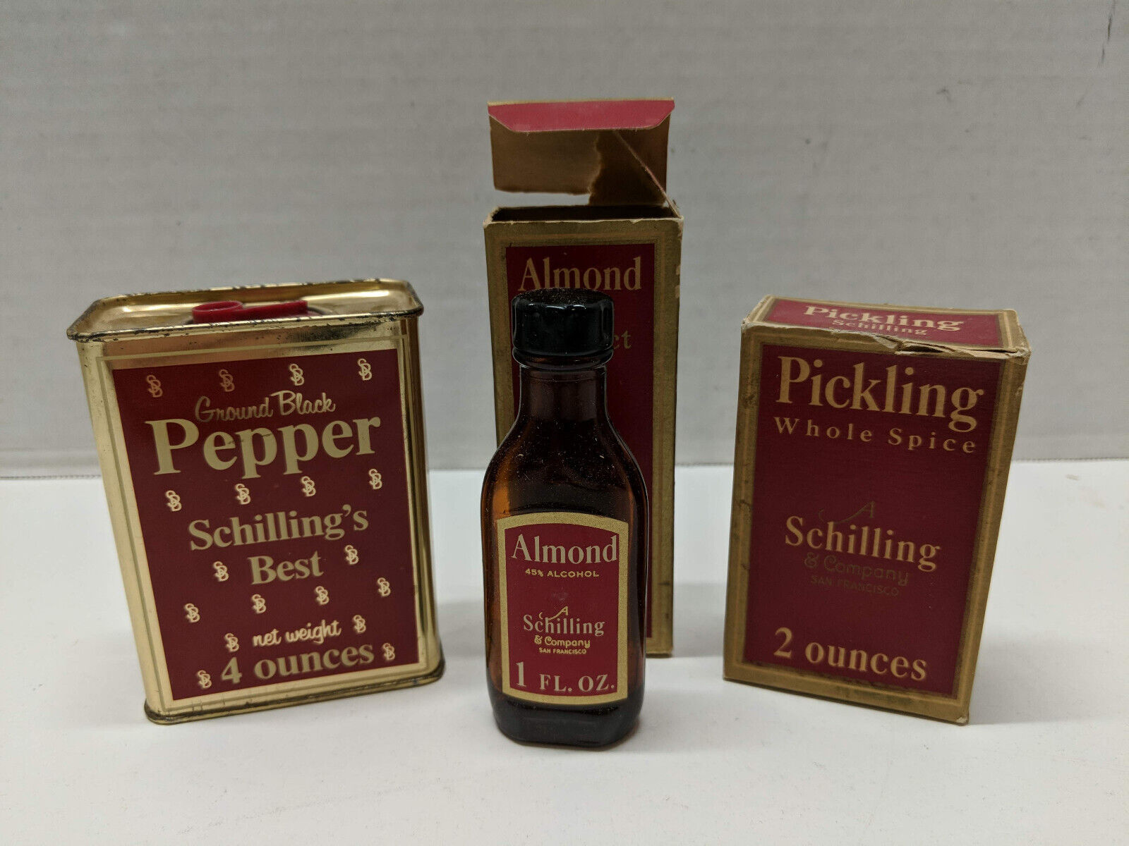 Lot Of 2  Vintage Schilling Spices - Black Pepper Tin, Almond, Pickling