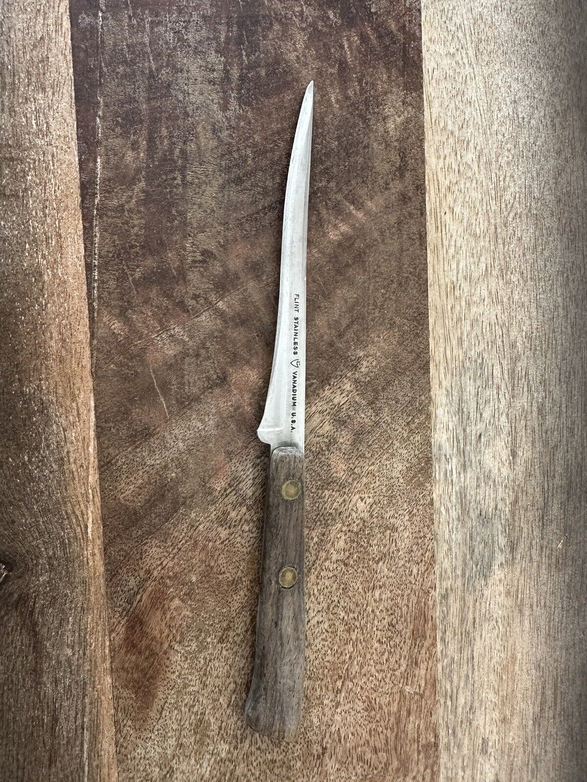 Flint Arrowhead Stainless Vanadium USA Knife 4.5” Blade Wood Grip 8” L Vintage