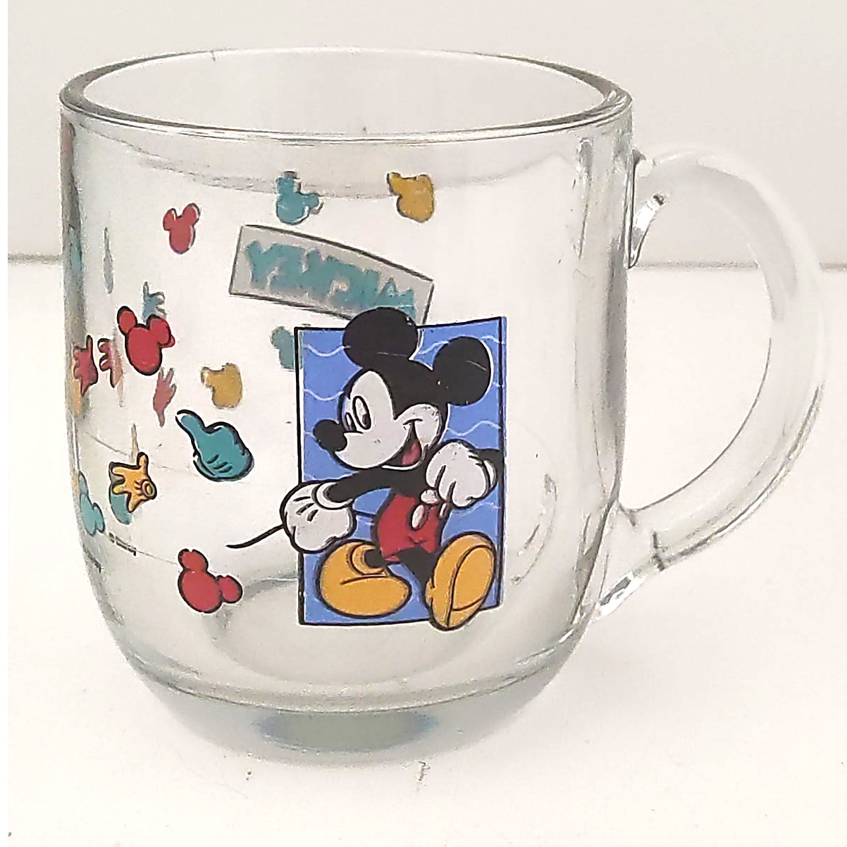 Vintage 1990s Mickey Mouse Clear Glass Mug Colorful Primary Design Disney