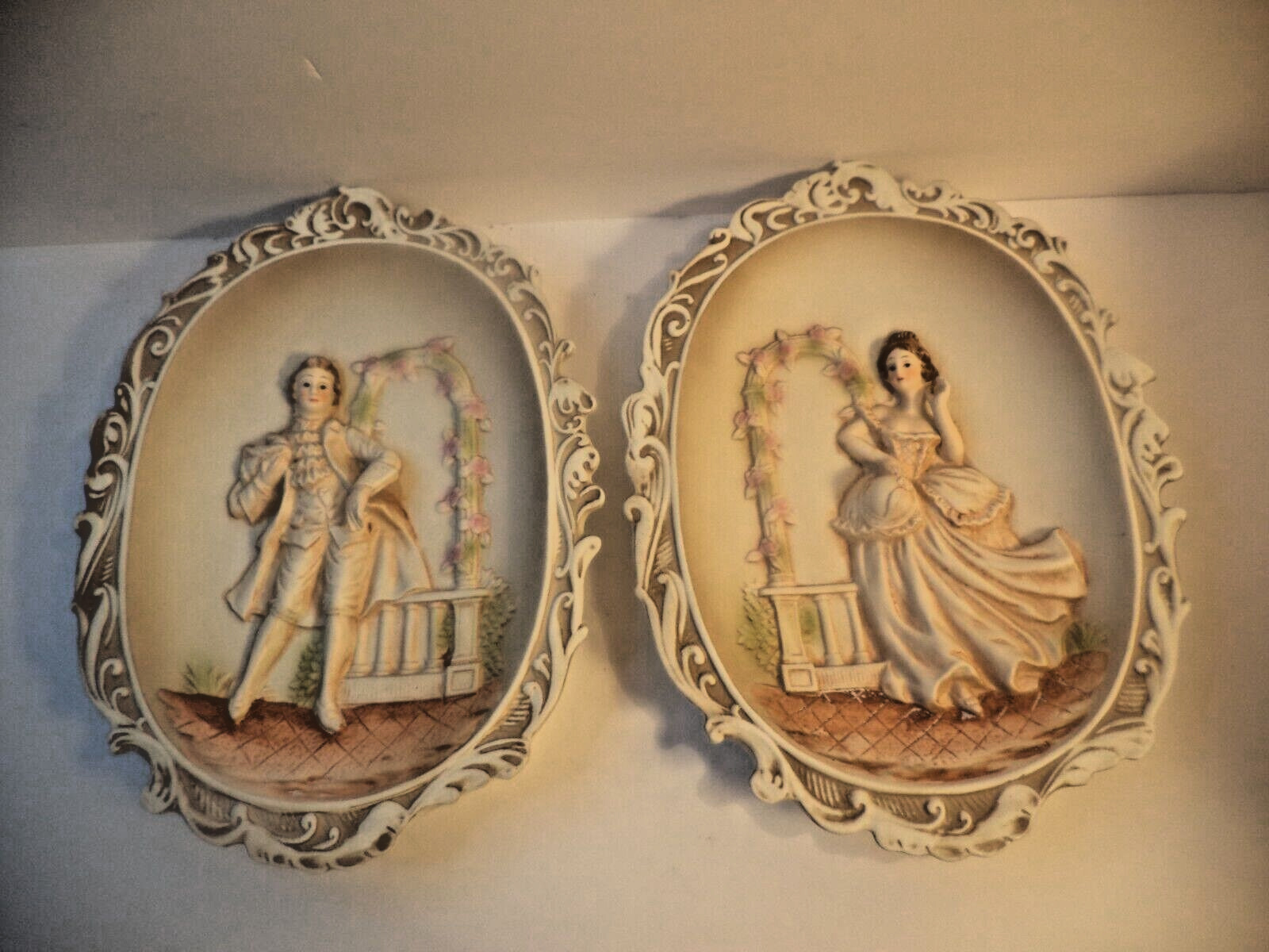 Beautiful Lefton Hand Painted 3-D Wall Plaques  French Colonial Man & Woman Vint