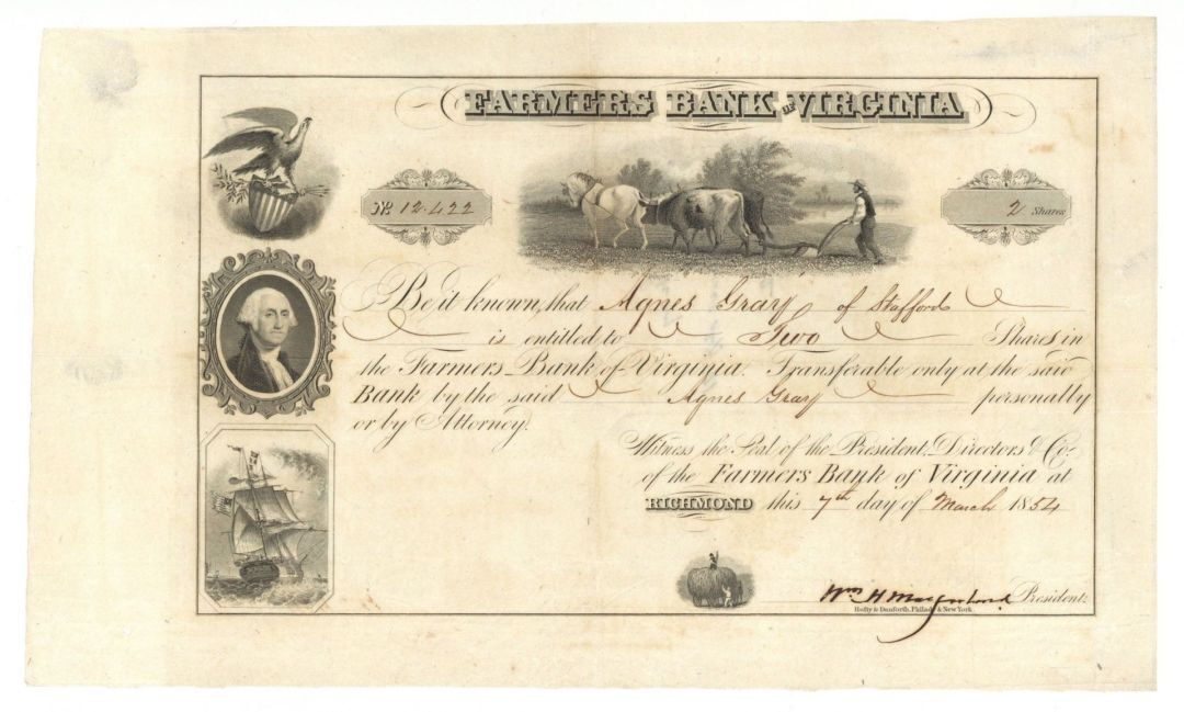 Farmers Bank of Virginia - 1854 dated Stock Certificate - Banking Stocks
