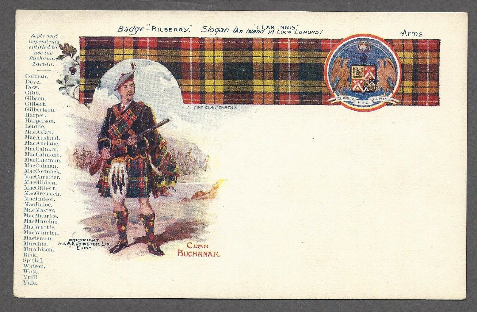 Vintage PC- Scottish Clan, Buchannan-Tartan, Arms, Badge- Genealogy: Johnson