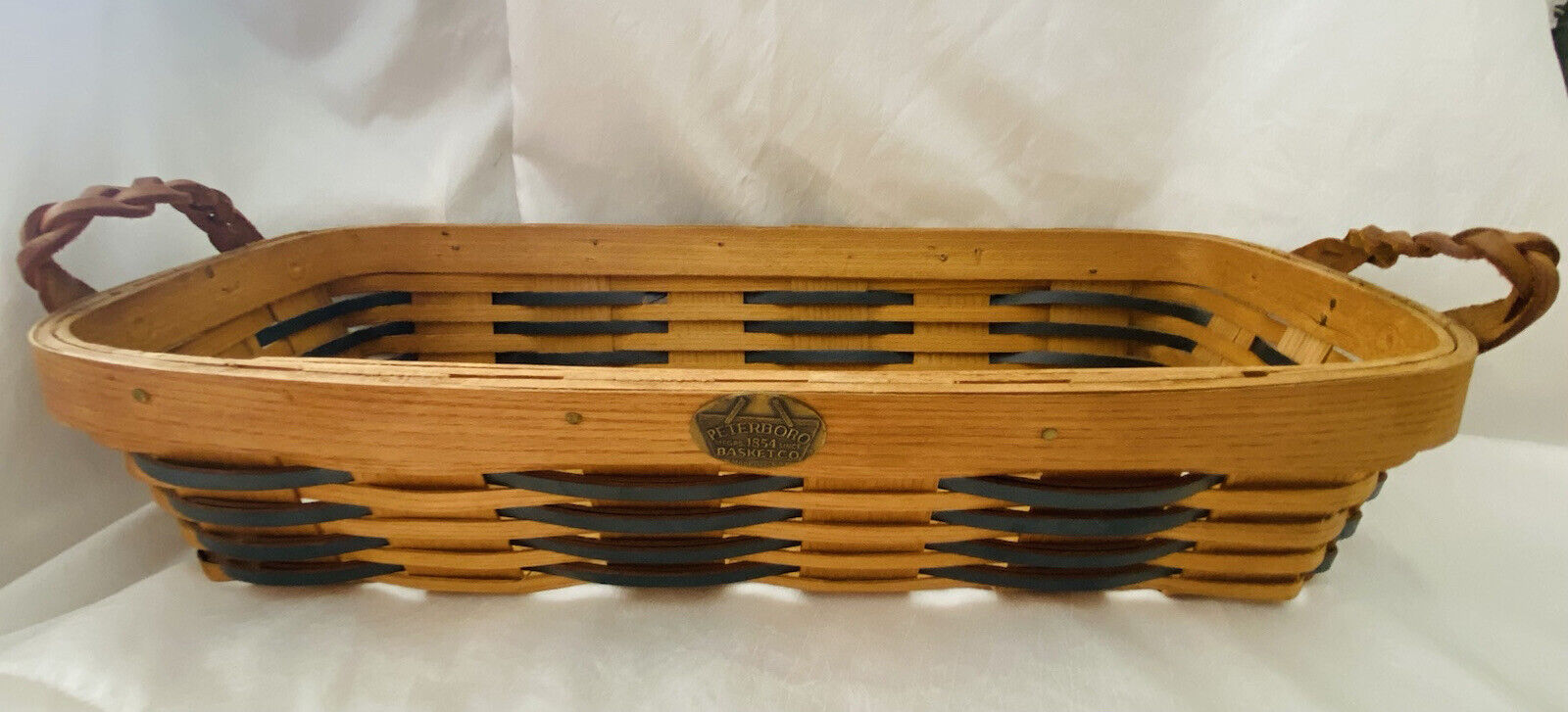 Vintage Peterboro Basket Company Woven Leather Handles 16.5” X 7” X 4”