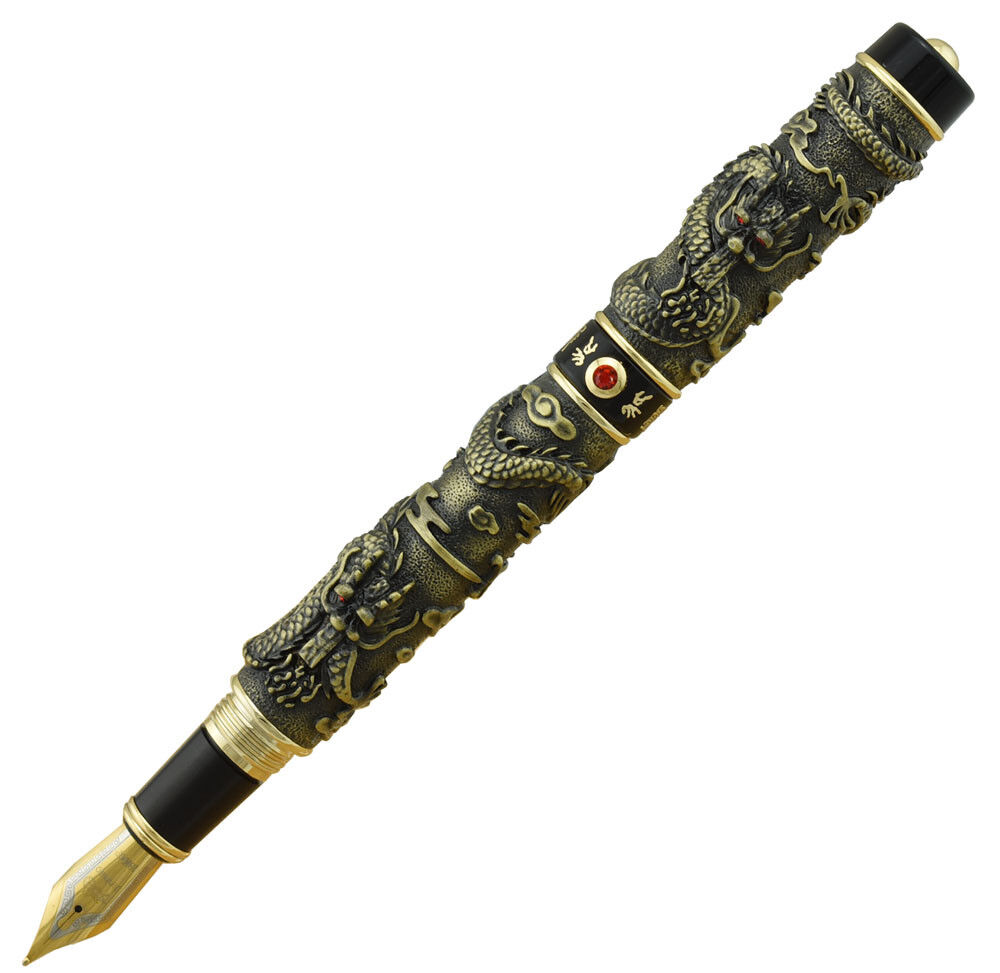 Jinhao Vintage Fountain Pen Double Dragon Playing Pearl, 3D Embossed Bronze Pen