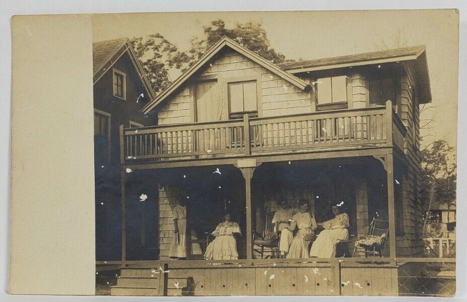 Rppc Lovely Victorian Ladies on Porch of Cedar Shingle Siding House Postcard R6