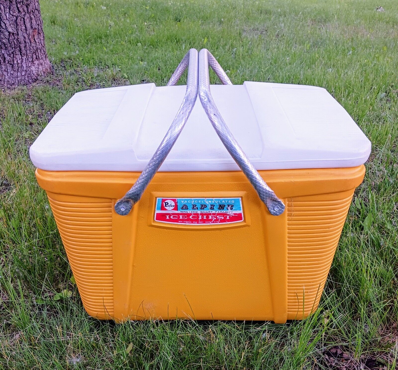 Vintage Poloron Yellow Alpine Ice Box Cooler with Aluminum Handles. 