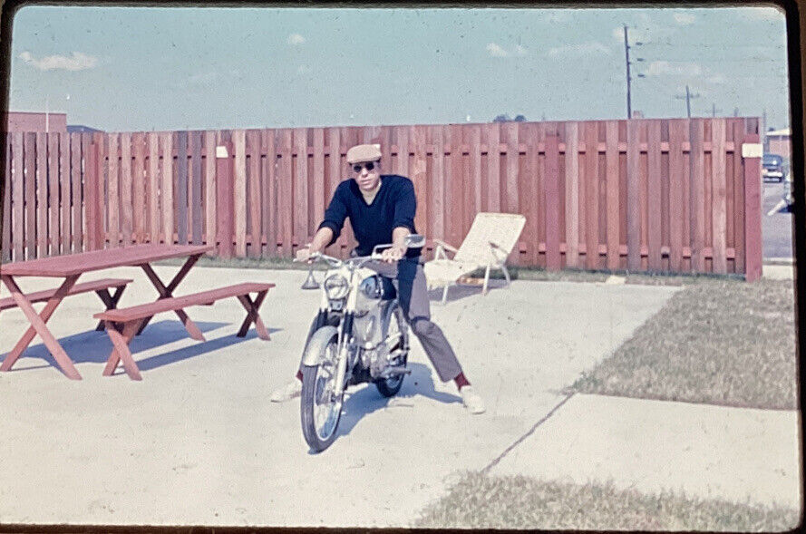 1960’s Color Slide Photo Motorcycle Hipster Guy Ride Hat Sun Glasses Moped ?