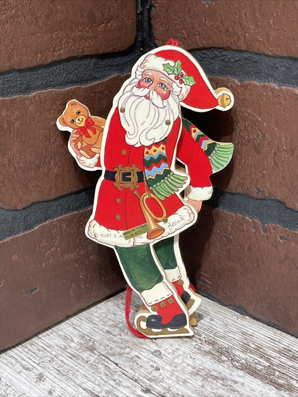 Vintage Kurt S Adler Pull String Puppet Wood Ornament Ice Skating Santa