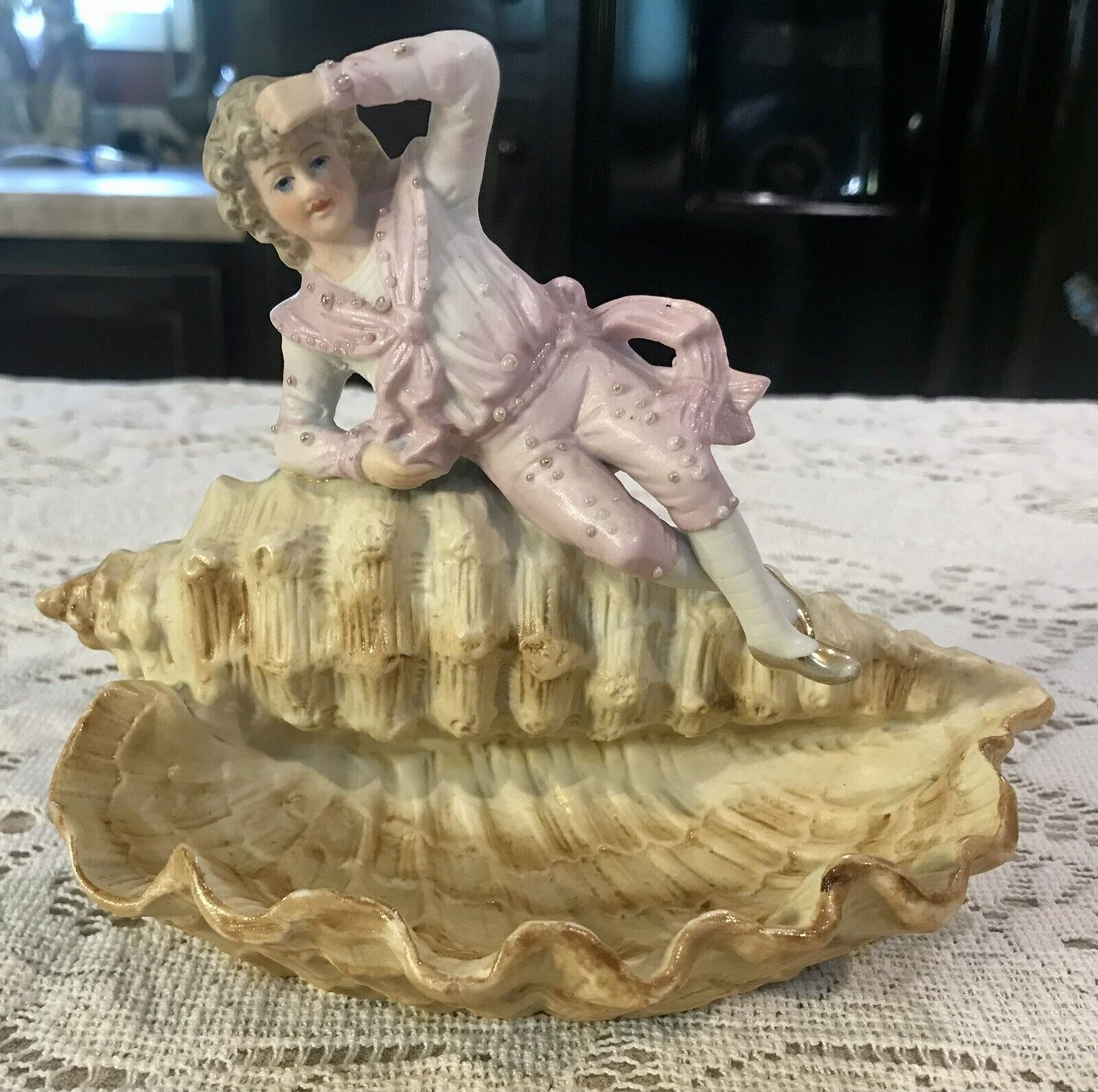Adorable Antique German? Bisque Figurine/ Seashell Candy Dish