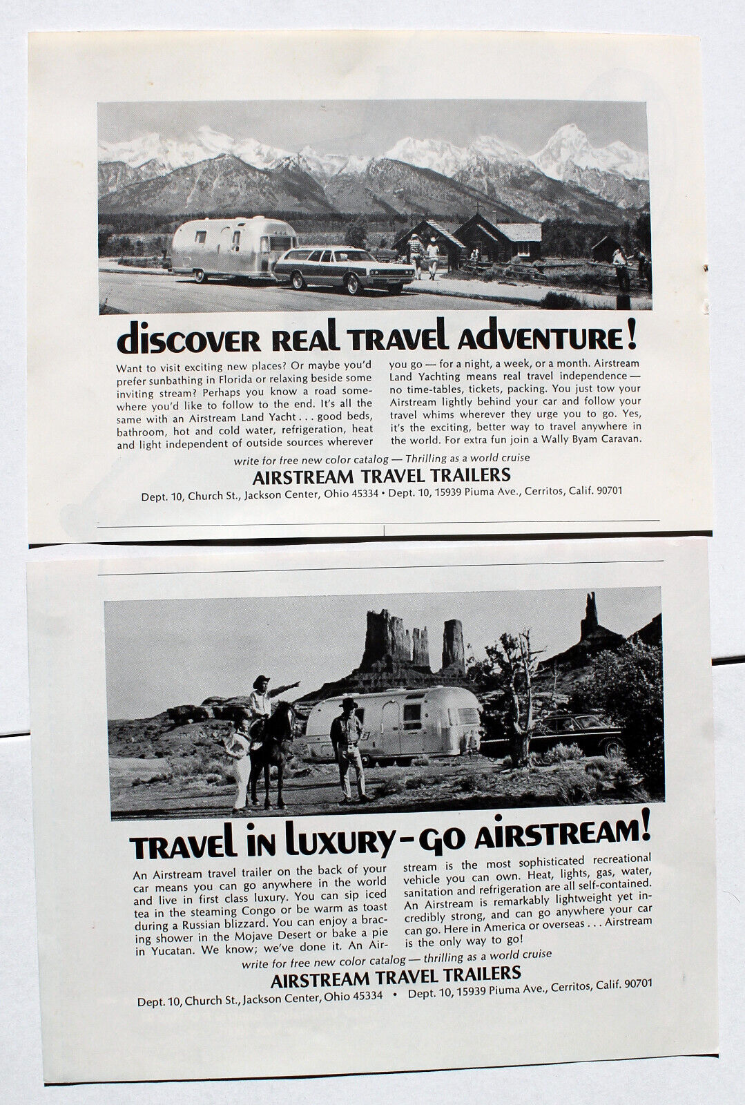 2 x Airstream Travel Trailers  1971  Magazine Print Ads  5 x 10