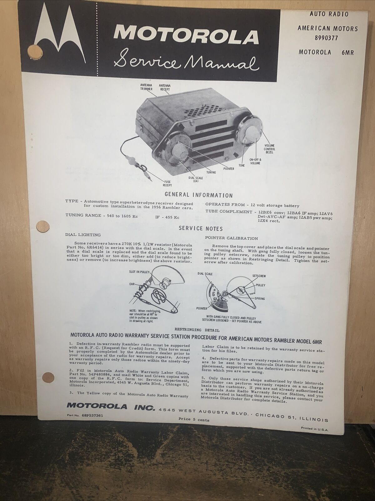 Motorola Radio Model #6MR -Service Manual- For 1956 Rambler. American Motors