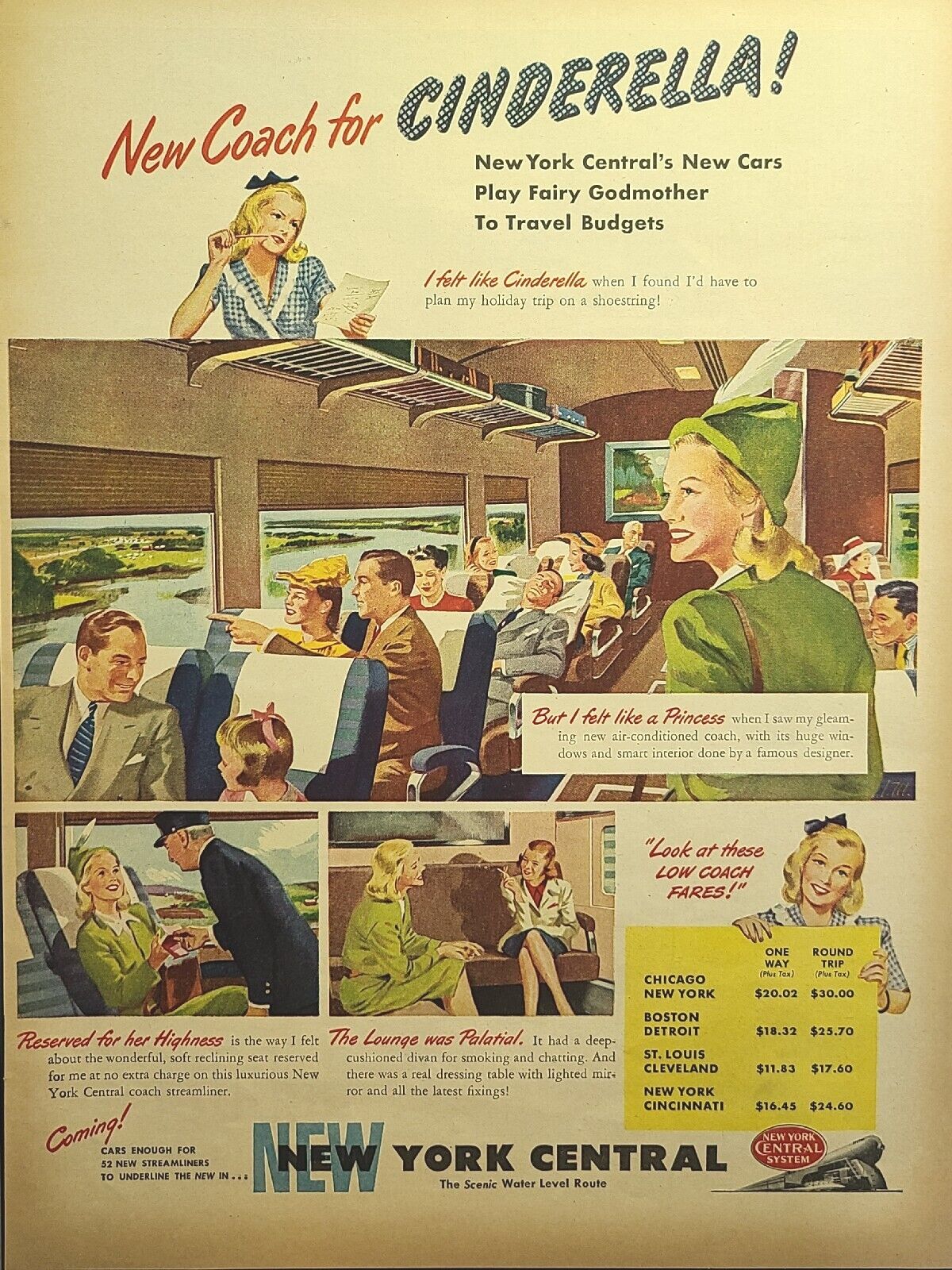 New York Central Rail Scenic Water Level Route Cinderella Vintage Print Ad 1946