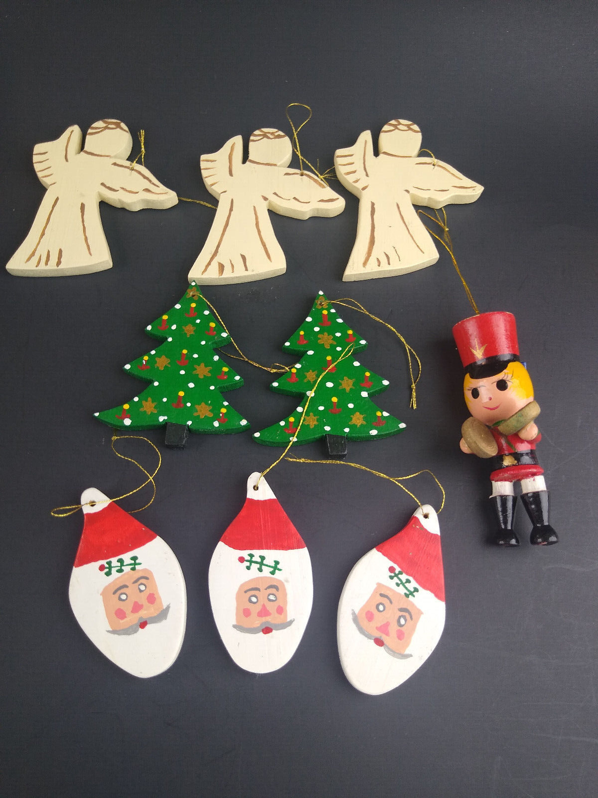 Vintage Mixed Wooden Christmas Ornaments Angels Santa Tree Toy Soldier Etc