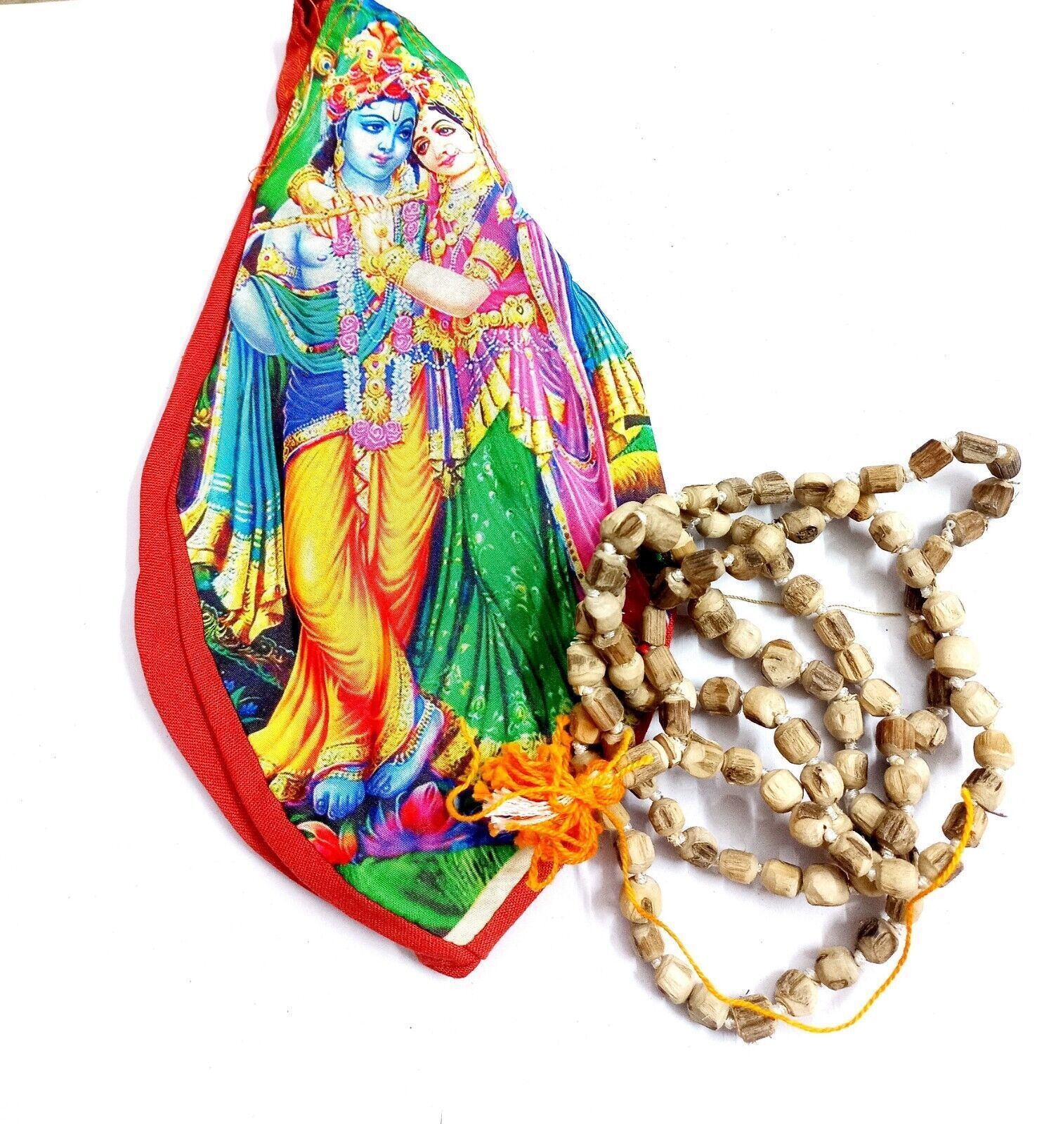 Beautiful Prayer Bag Radha Krishna Jholi with Tulsi Rosary Beads Knotted Bead