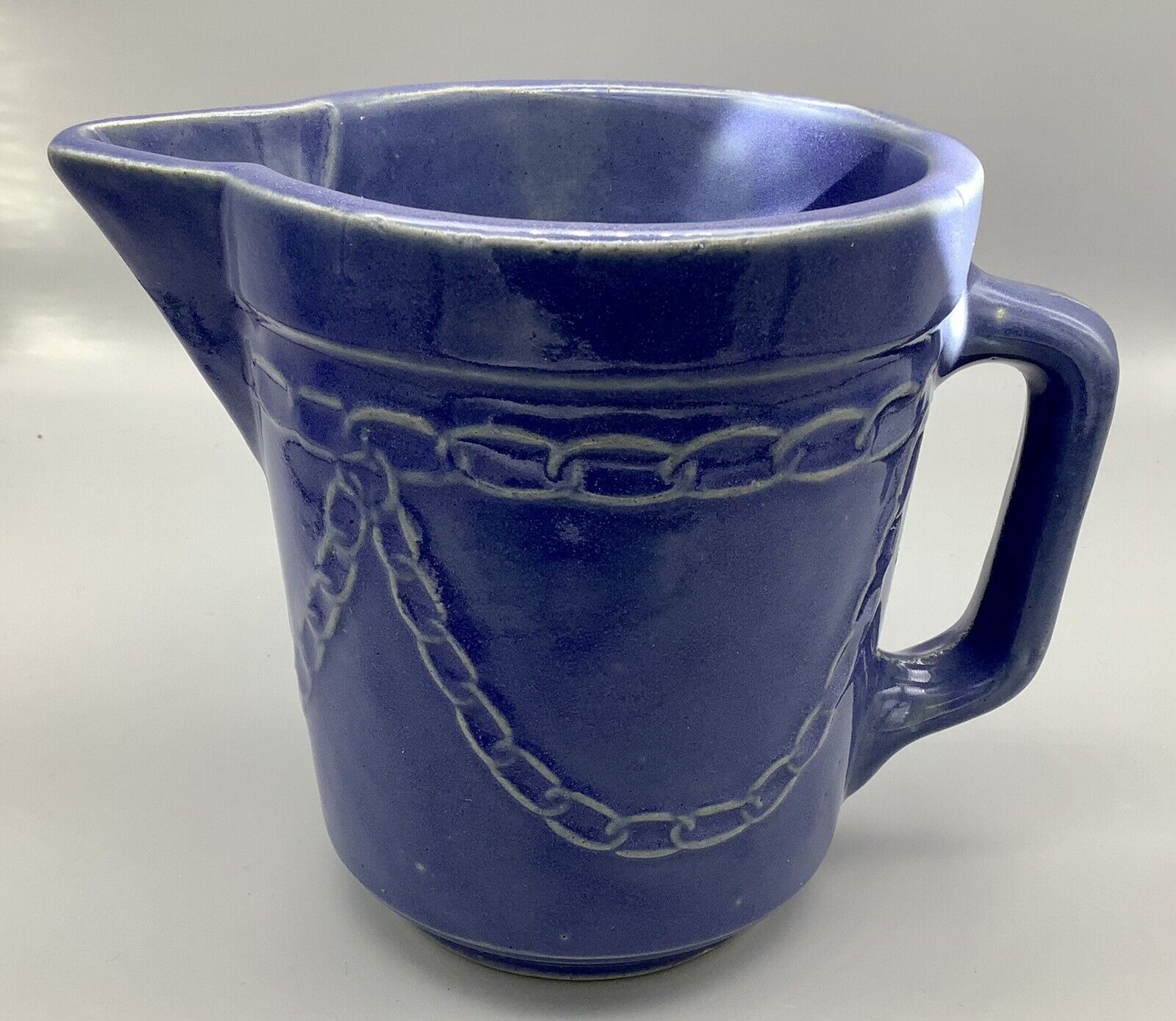 Vintage Blue Monmouth Western Stoneware Pottery Milk Pitcher Chain Link Pattern