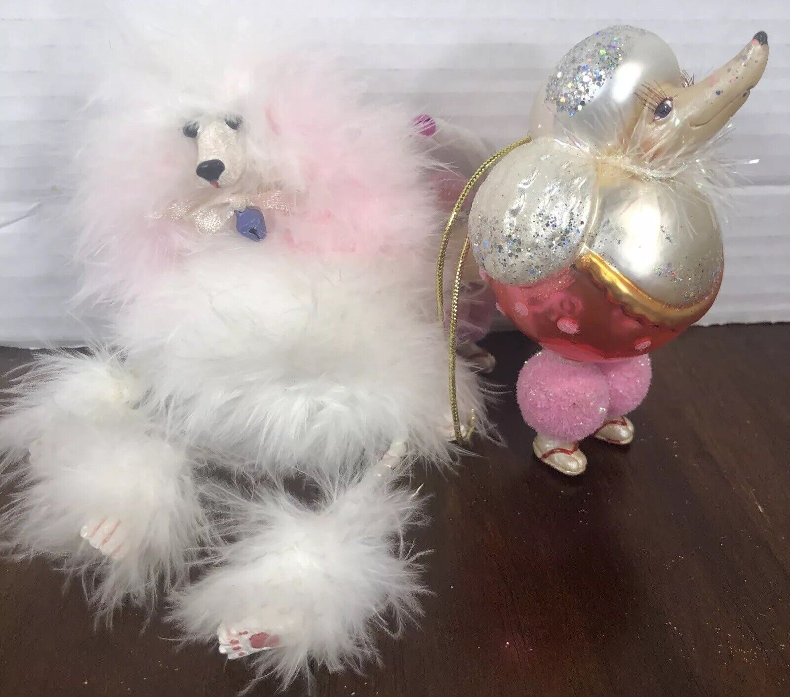 Blown Glass French Circus Poodle & Fuzzy Hanging Poodle Christmas Ornament Lot/2