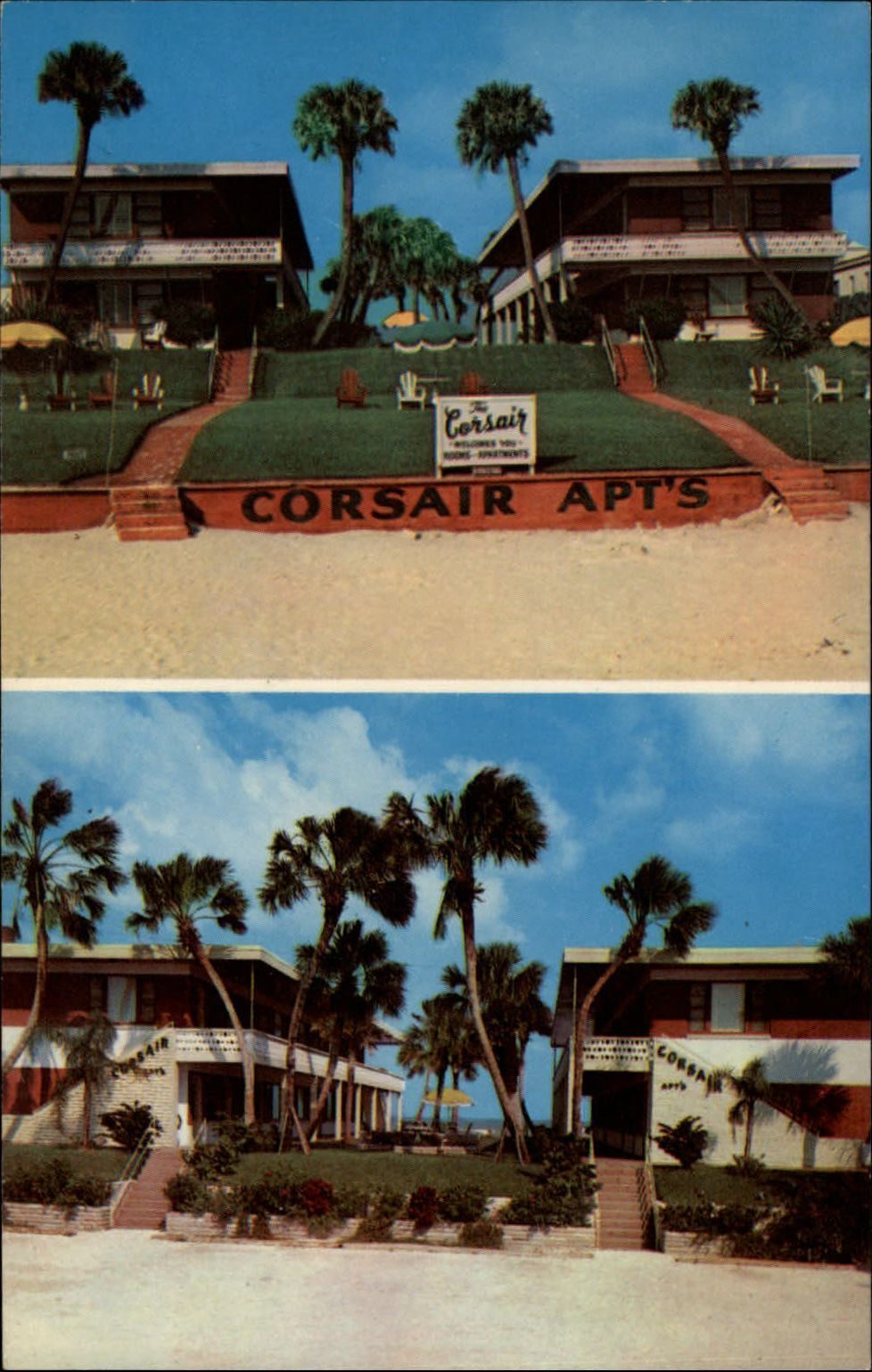Corsair Apartments Daytona Beach Florida two views ~ 1967 vintage postcard